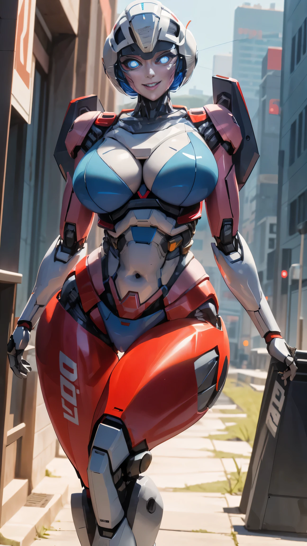 ROTB_Arcee, 1girl, big breasts, smile, robot, mecha, (glowing eyes:1.2), outdoors, wide hips, navel, thick thighs, blue bra, blue panties, big ass, sexy pose, tall
