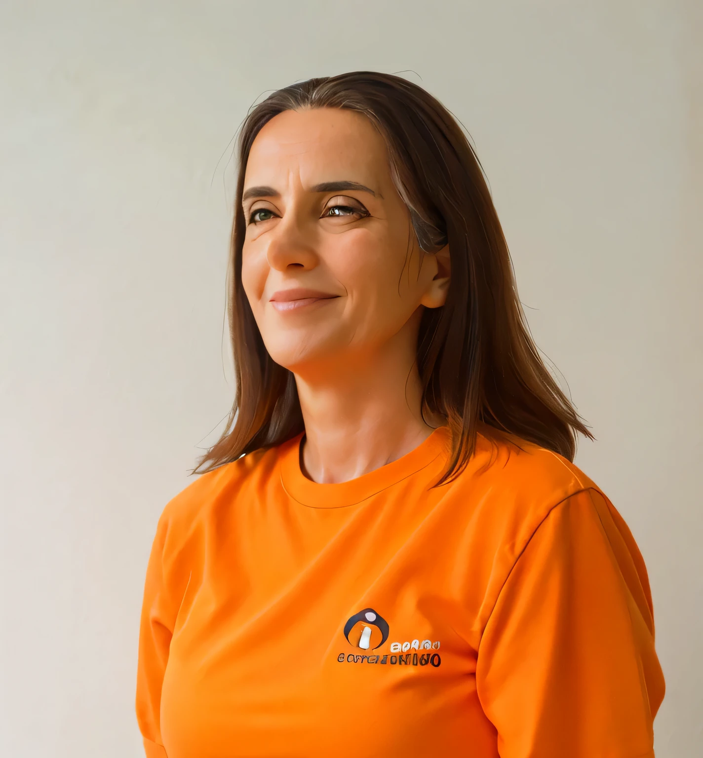 Mulher em torno de 50 anos, cabelo castanho, looking directly at the camera, levemente sorrindo e camisa laranja.
