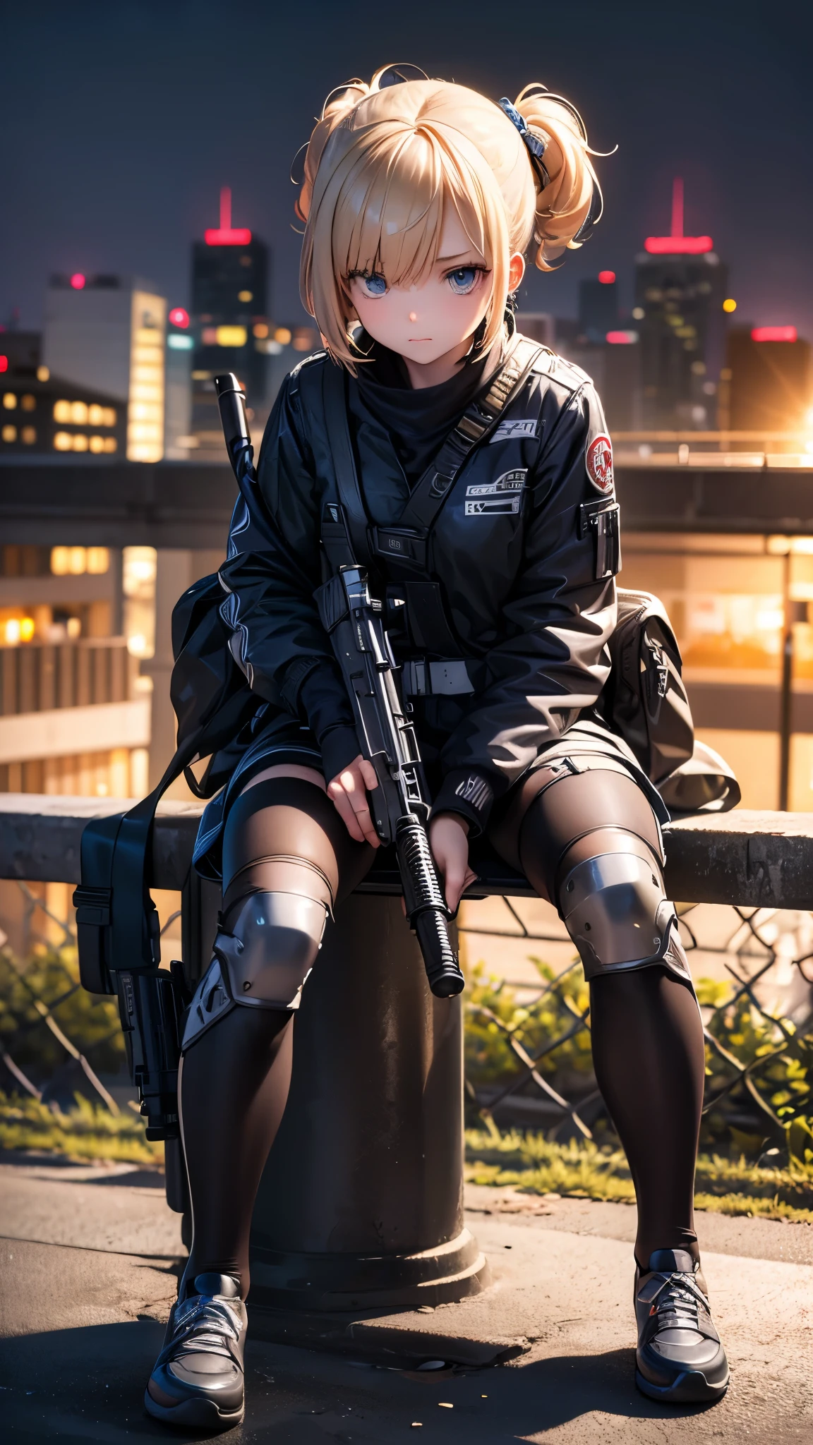 masterpiece, best quality, highly detailed illustration, detailed beautiful face, perfect , photo realistic,Take a picture of the whole body,  woman,high school student,stylish,Hair style is short bob,Drooping eyes,cute face,(Tight Battlesuit),I&#39;m in an abandoned city at night,He has a troubled look on his face,Sitting on the guardrail,Have a machine gun