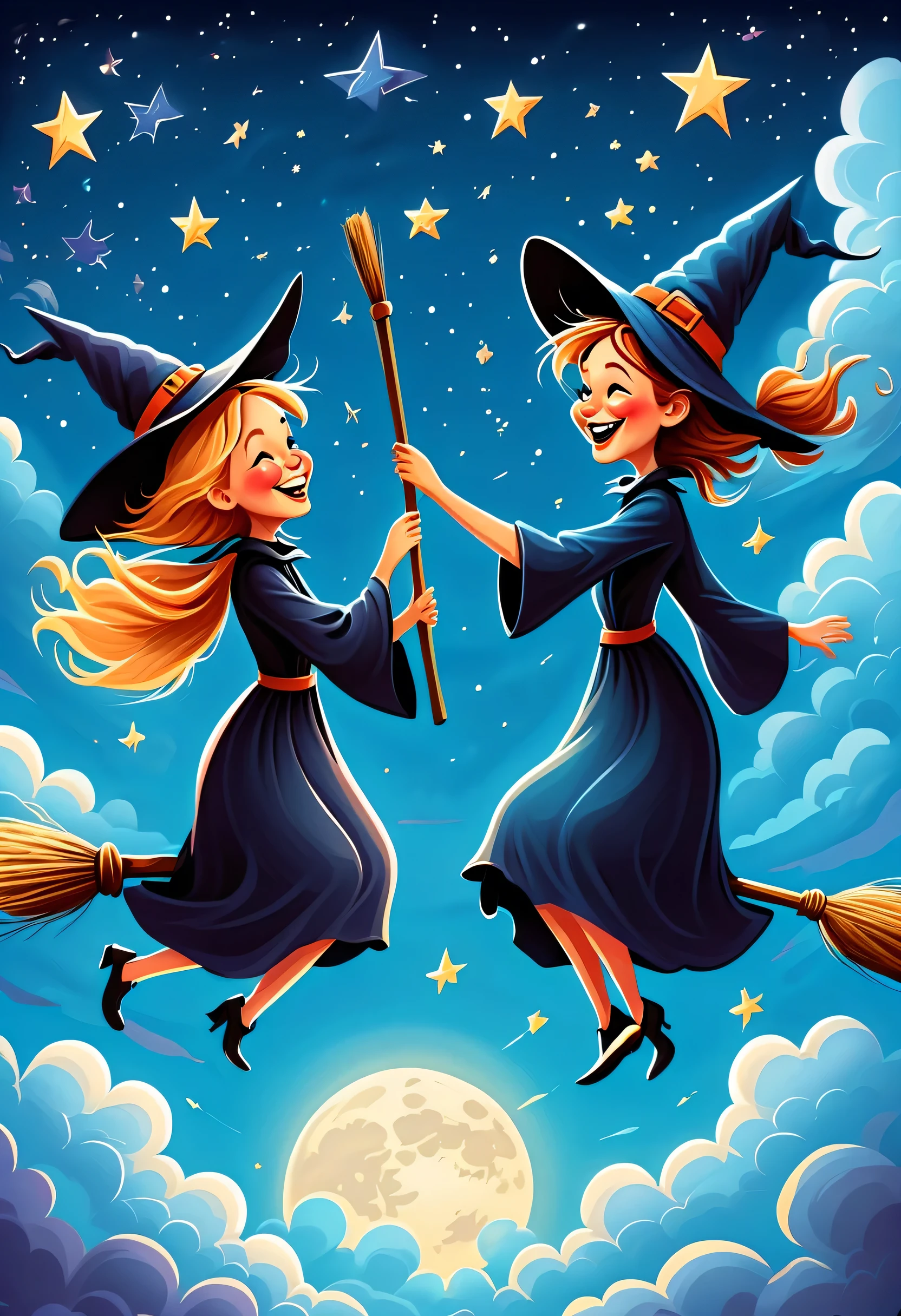 a cartoon illustration：in the sky，（Two happy witches flying on broomsticks），laughing out loud，air racing，fluffy clouds，Rear view，glistening stars，dreamy blue sky，