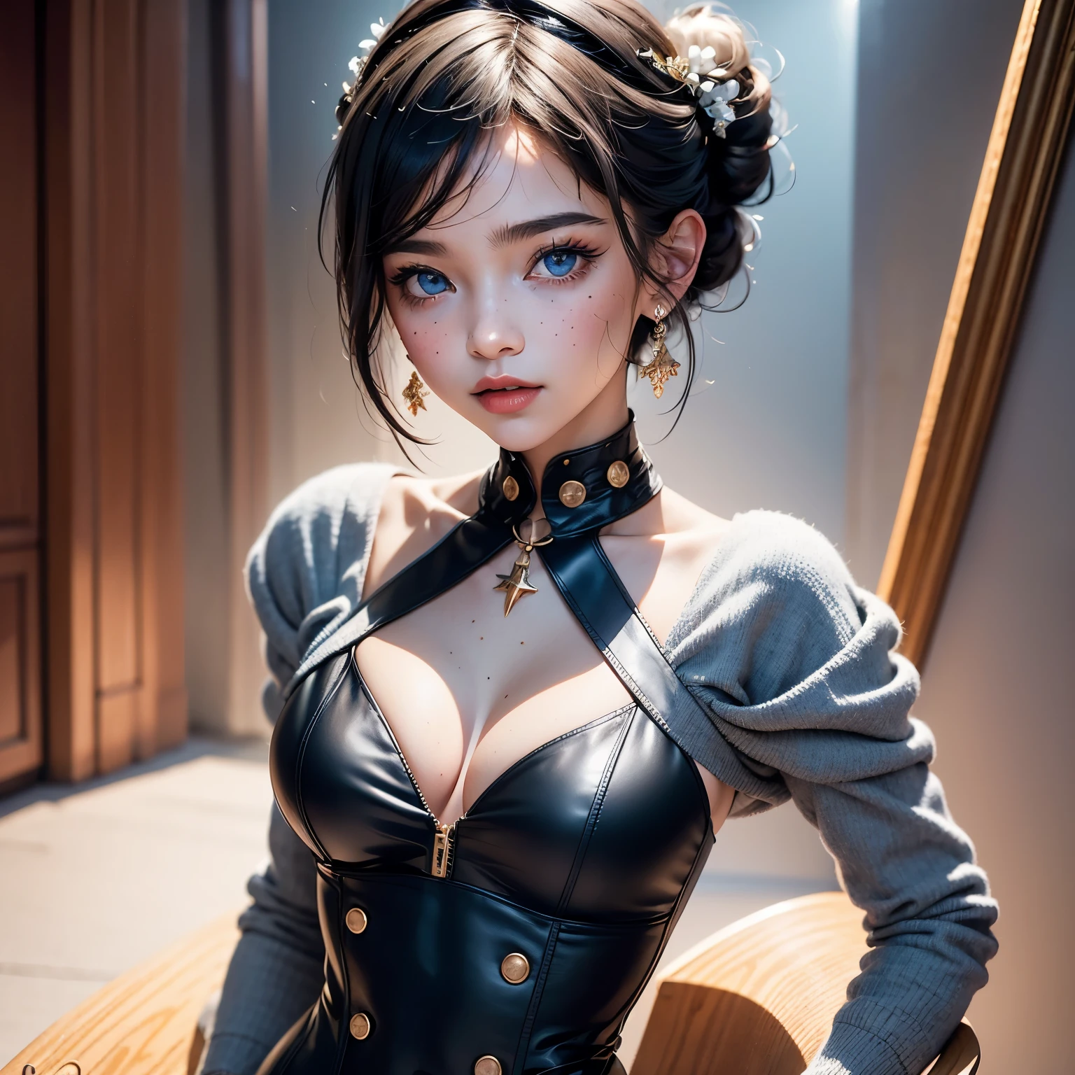 A very beautiful, well-groomed girl, with clear skin, normal facial features, beautiful lips and a slight smile on her face. beautiful figure, modern clothes, cool modern couture dress. presentation background, neutral gray-blue, in virtual space. highest quality, 16K. FULL HD, cinematic rendering. Create a piece of art that captures baby Michela's unique beauty. Famous digital influencer. Sits in a chair, in a relaxed position. Focus on her unique facial expression as she looks straight into the camera, trying to capture the intensity of her piercing blue eyes. Capture her signature style with a Spanish-inspired updo styled in two carefully crafted hairpieces. Add details that reflect her charming and avant-garde personality. We took care to convey the aura of modernity and originality that characterizes Lil Miquela in the digital world. A few freckles and nevi, as well as short hair wrapped up.