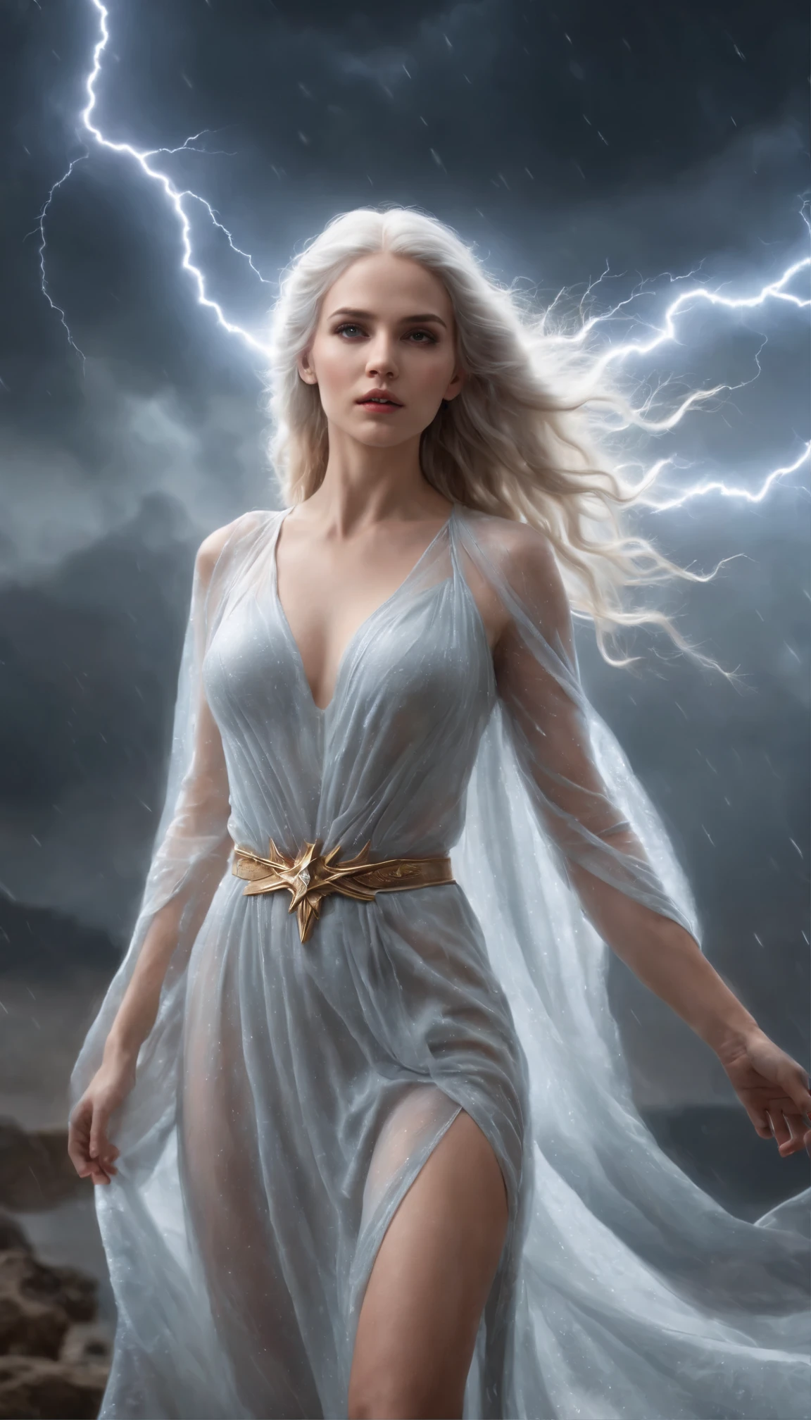 A young beautiful woman, goddess of lightning, long wet silver hair, perfect body, perfect round breast, soft and attractive, wearing ancient styled silver peplos dress, standing and starring, lightning flashing around her, high resolution, fantasy photo, vivid, medium closed up view, Enter a captivating scene, How energetic lightning particles ignite the air around you, Creates a stunningly dynamic atmosphere. Creative lighting styles bathed in brilliant light, lightning light, Harmonizes with rotating lightning flashes . Crafted with meticulous precision，Render in stunning 10k high resolution, This masterpiece incorporates the artistic medium of digital illustration, Mystical realism, and contemporary surrealism, The ethereal beauty of lightning flashes , lightning sparks enhance the sense of magic and wonder.
