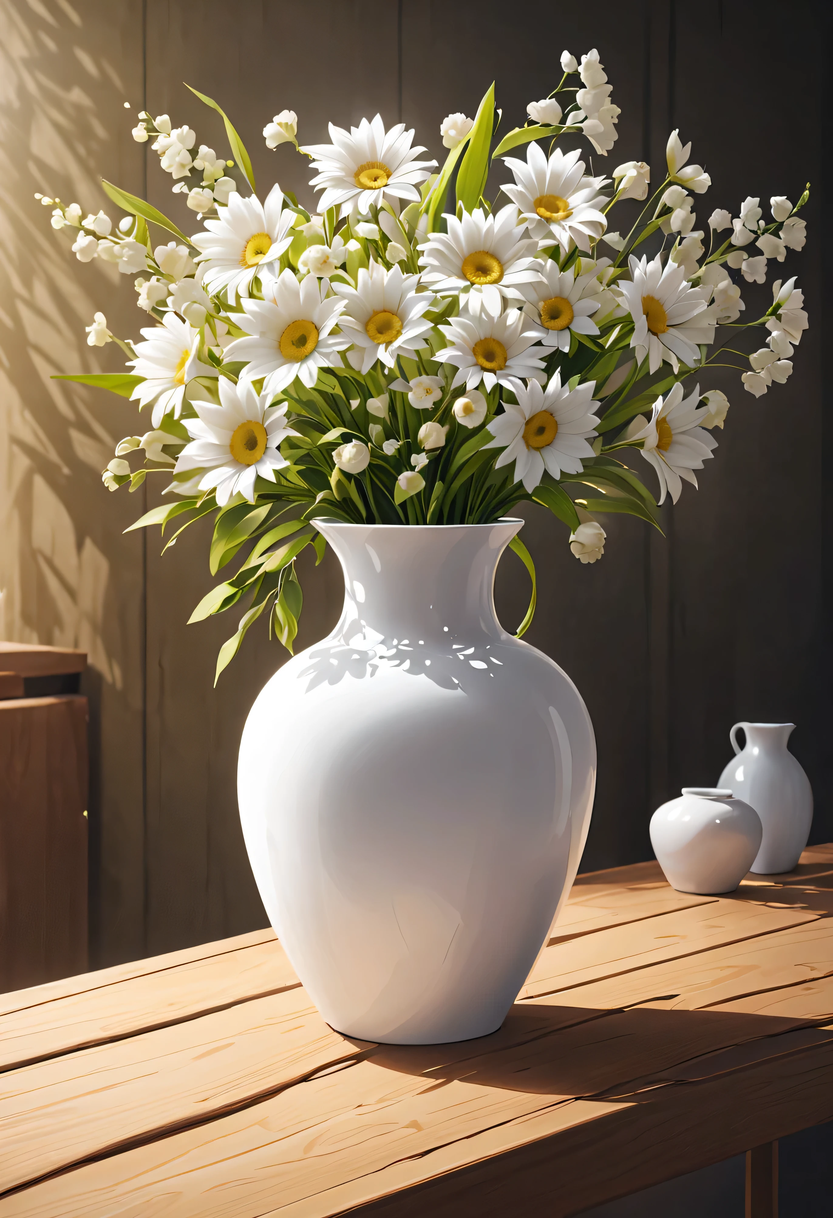 There is a white vase on the wooden table,There are some flowers on it .Best Essay(best quality,4K,8k,high resolution,masterpiece:1.2),super detailed