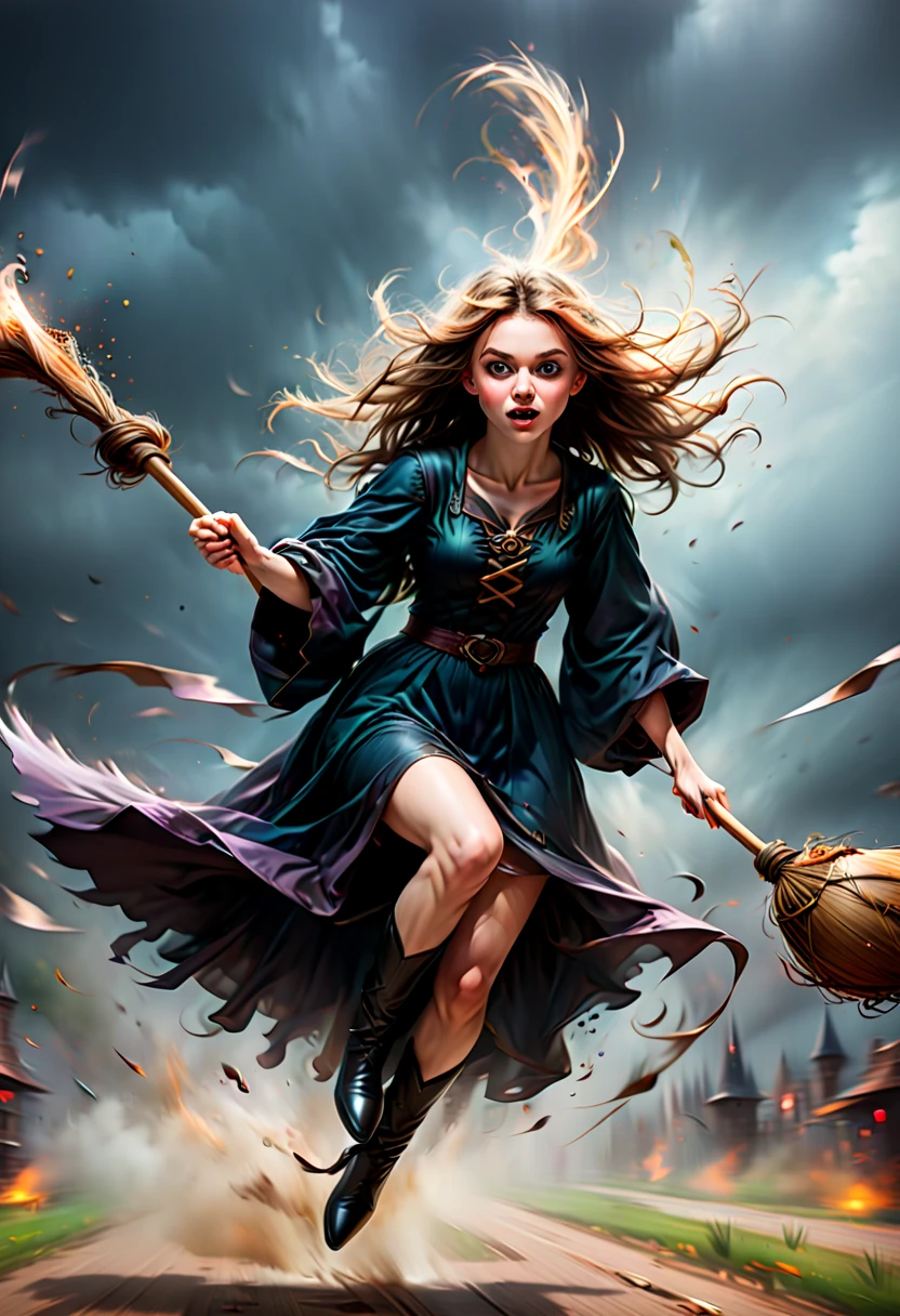 "Room on the Broom", Flying Broomstick, chasing Race, among the clouds, high altitude, (Motion Blur, best composition), (best quality, masterpiece, Representative work, official art, Professional, Ultra high detail, 8k:1.3)