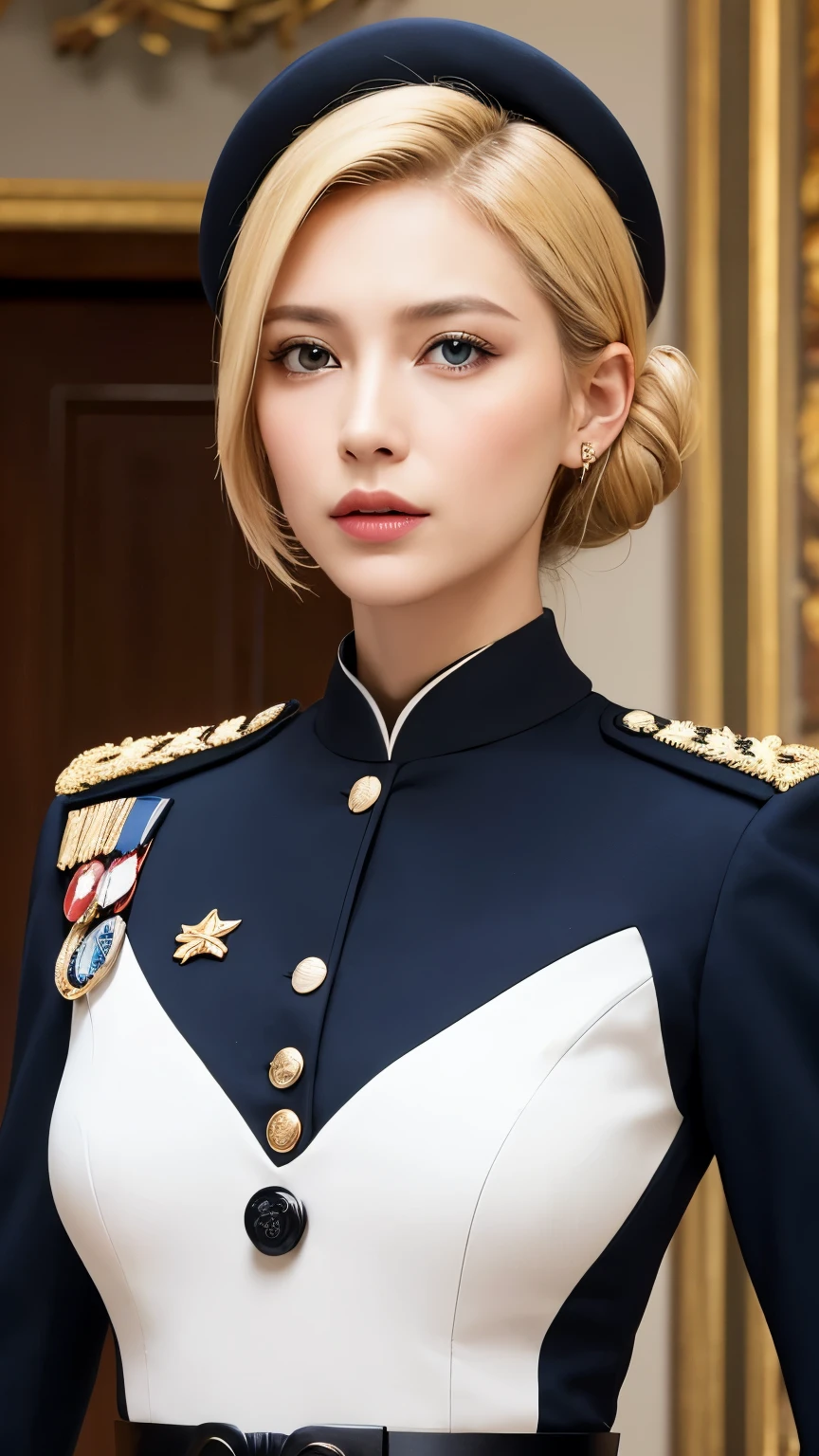 Catherine Locke, the esteemed Admiral of the Athens, strides confidently onto the bridge, her sharp blue eyes scanning the room with a critical gaze. She wears a sleek navy blue uniform with gold accents, the epitome of professionalism and authority. Her blonde hair is pulled back tightly into a bun, highlighting the sharp angles of her face. Her jawline is strong and defined, and her cheekbones are high and pronounced. Her lips are full and pink, and her nose is straight and elegant. She exudes an air of intelligence and confidence, commanding respect from all who cross her path. As she approaches the chief engineer, Anthony Cooper, she addresses him with a stern tone, making it clear that she is a woman who demands results and expects nothing less than excellence from her subordinates.