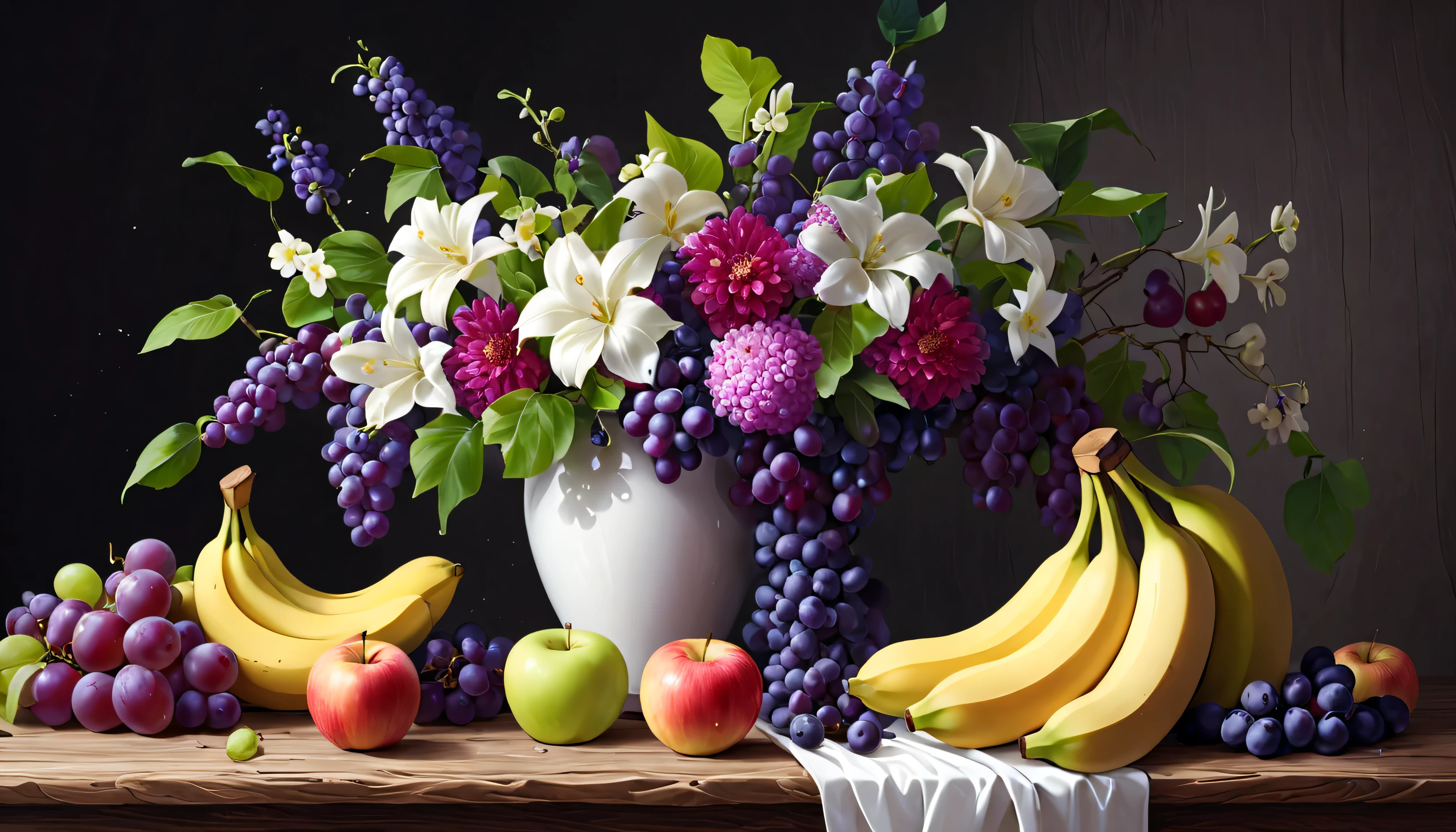 There is a white vase on the wooden table，There are some flowers on it .apple.banana.Purple grapes.Best Essay(best quality,4K,8k,high resolution,masterpiece:1.2),super detailed