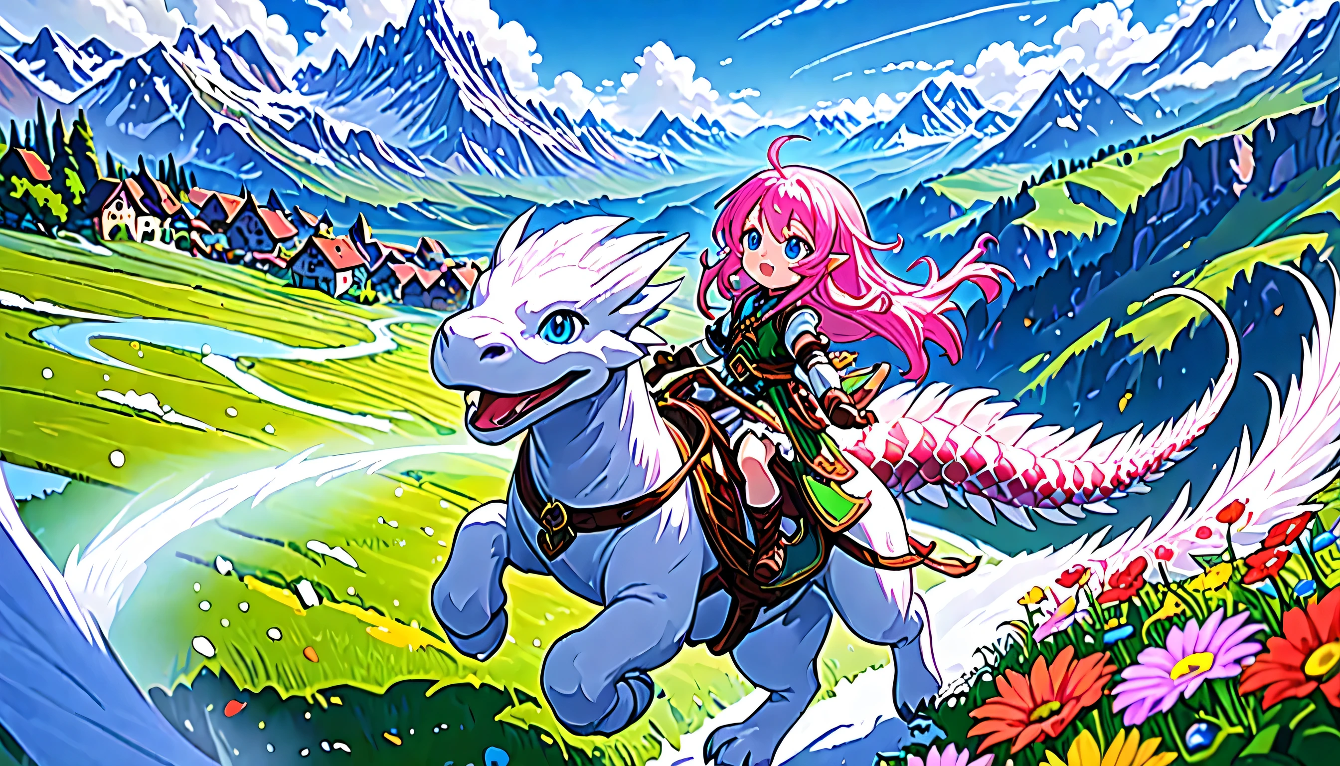 1Lalafell, olhos azuis brilhantes, Long flowing pink hair dancing in the wind, Vestindo uma roupa de aventureiro com um toque caprichoso adornado com penas ou detalhes florais, Expression full of enthusiasm and joy, She's riding a dragon with scales glistening in the sunlight, Fundo: Eorzea's vibrant sky-high view unfolds: lush green plains dotted with charming villages, majestosas montanhas cobertas de neve que perfuram as nuvens e florestas vibrantes repletas de vida, melhor qualidade, ultra-detalhado, 8k.