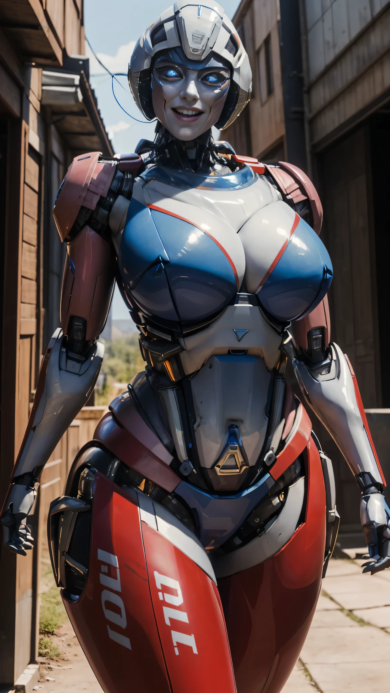 ROTB_Arcee, 1girl, big breasts, smile, robot, mecha, (glowing eyes:1.2), outdoors, wide hips, navel, thick thighs, blue bra, blue panties, big ass