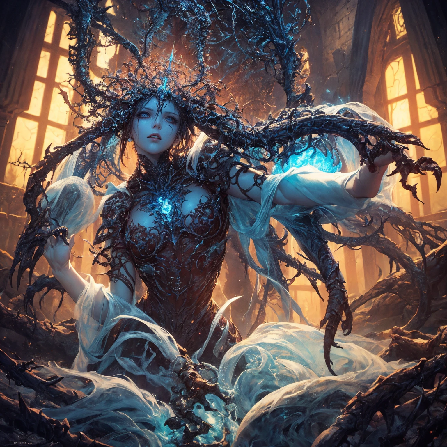 art by ((Luis Royo)) A scary breathtaking Ghost Jinnat, Jinn, Demon, Ifrit, horror, haunted, ghost, night scary, luminism, ultra highly detailed, 32 k, Fantastic Realism complex background, dynamic lighting, lights, digital painting, intricated pose, highly detailed intricated, subtle nudity, , exposed, (((Fractal art)))
