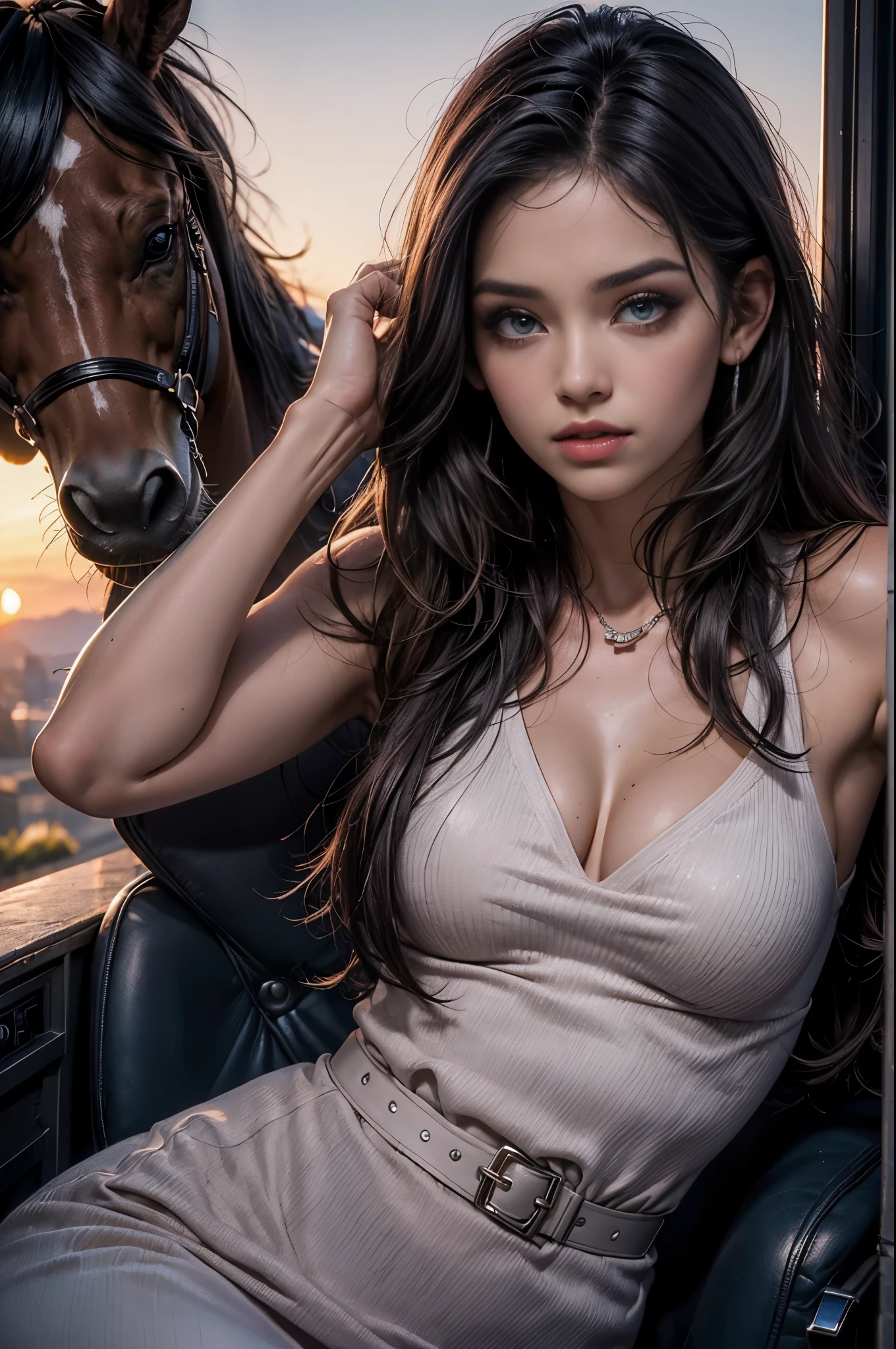 no cais de madeira, (Tampo do tanque:1.2), (Top de cabresto rosa:1.4), 1girl, Totalmente vestido, Olhando para o Viewer, (close extremo para cima, ECU, tiro de rosto completo:1.3), (rosto detalhado:1.4), (candid photograph:1.2), Colouring, Content, Relaxed, sorriso suave, (cabelo na altura dos ombros:1.3), (foundation, Corretivo, mascara, bochechas rosadas, smokey eye makeup, batom:1.3), nail polish, (Beautiful, gorgeous, Flawless complexion:1.2), grampos de cabelo, faixas de cabelo, fitas, Lip gloss, bright lips, sardas, rosa antiga, rustic brown, bege quente, azul empoeirado, azeitona desbotada, Standing, (Sunset, Twilight:1.25), fcDetailPortrait, fotografia profissional, HDR (high dynamic range), Subsurface scattering, Realistic, sombra pesada, master part, ultra realistic, high resolution, proportion Aurea, rule of thirds, intrincado, High detail, cinematic movie photograph, DSLR, (cabelo para cima no rabo de cavalo:1.3), (olhos azuis:0.8), Cabelo Moreno