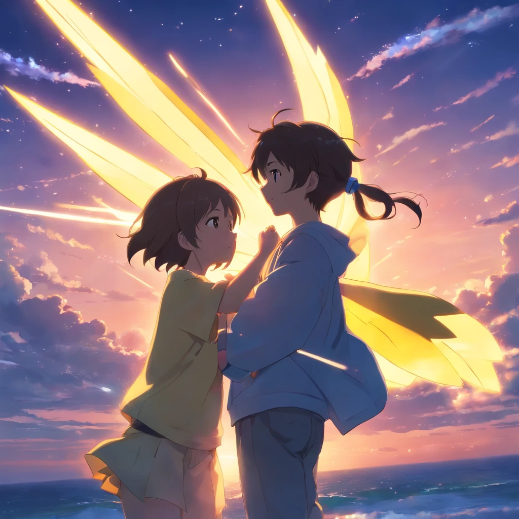 tmasterpiece，best qualtiy，cinematic Film still from，Pikachu，salama，Being held in the arms of a girl，Floating in the sky，closeup cleavage，brightly，cheerfulness，Warm and soft lighting，the sunset，（spark of light：0.7）