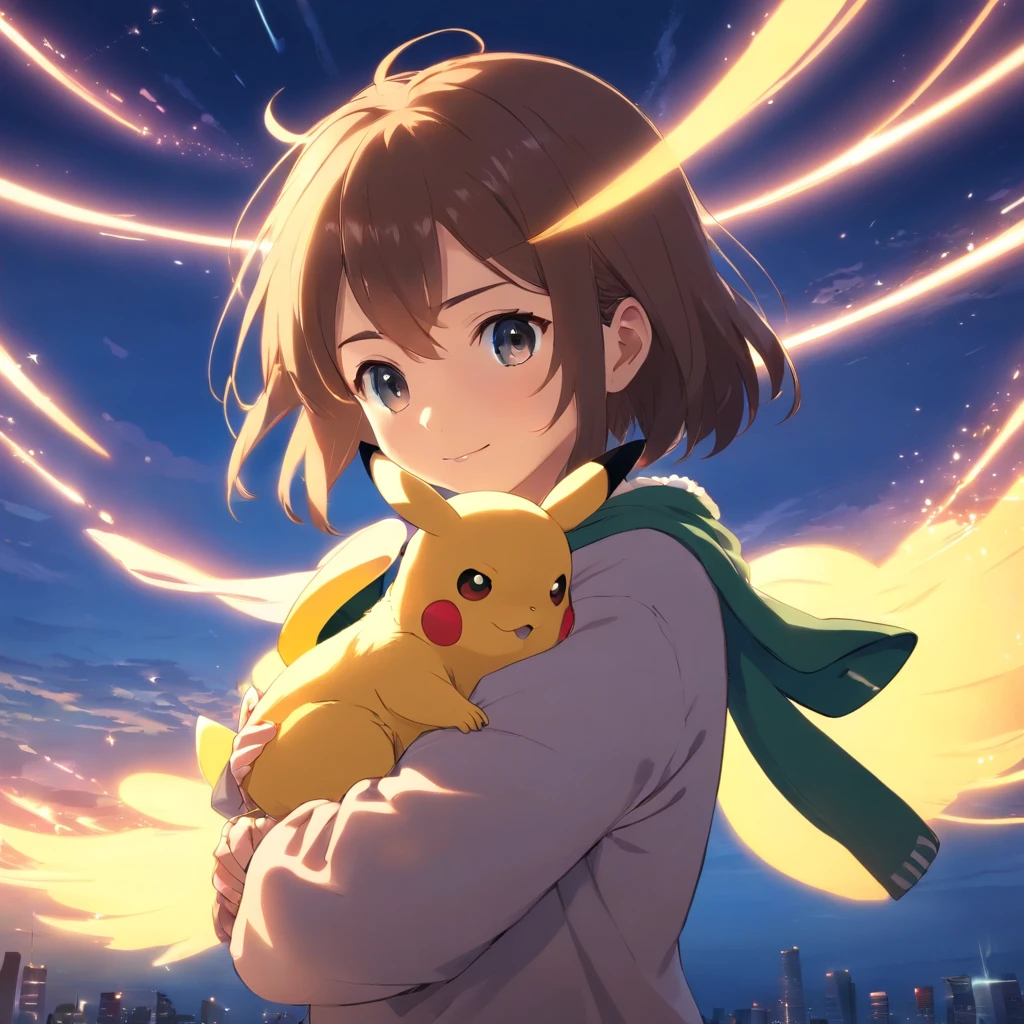 tmasterpiece，best qualtiy，cinematic Film still from，Pikachu，salama，Being held in the arms of a girl，Floating in the sky，closeup cleavage，brightly，cheerfulness，Warm and soft lighting，the sunset，（spark of light：0.7）