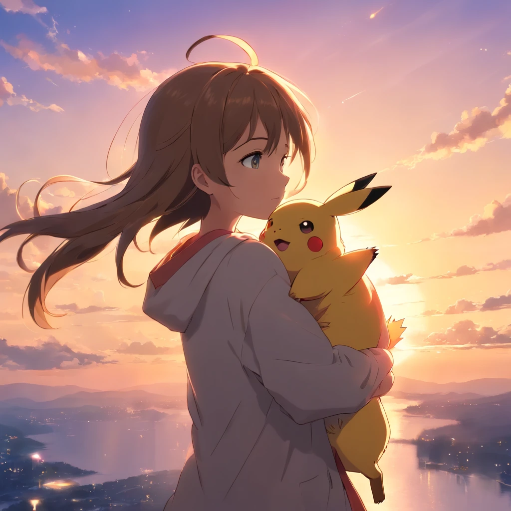 tmasterpiece,best qualtiy,cinematic Film still from,Pikachu,salama,Being held in the arms of a girl,Floating in the sky,closeup cleavage,brightly,cheerfulness,Warm and soft lighting,the sunset,(spark of light:0.7)