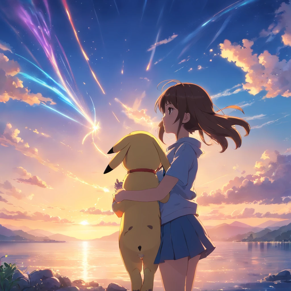 tmasterpiece，best qualtiy，cinematic Film still from，Pikachu，salama，Being held in the arms of a girl，Floating in the sky，closeup cleavage，brightly，cheerfulness，Warm and soft lighting，the sunset，（spark of light：0.7）