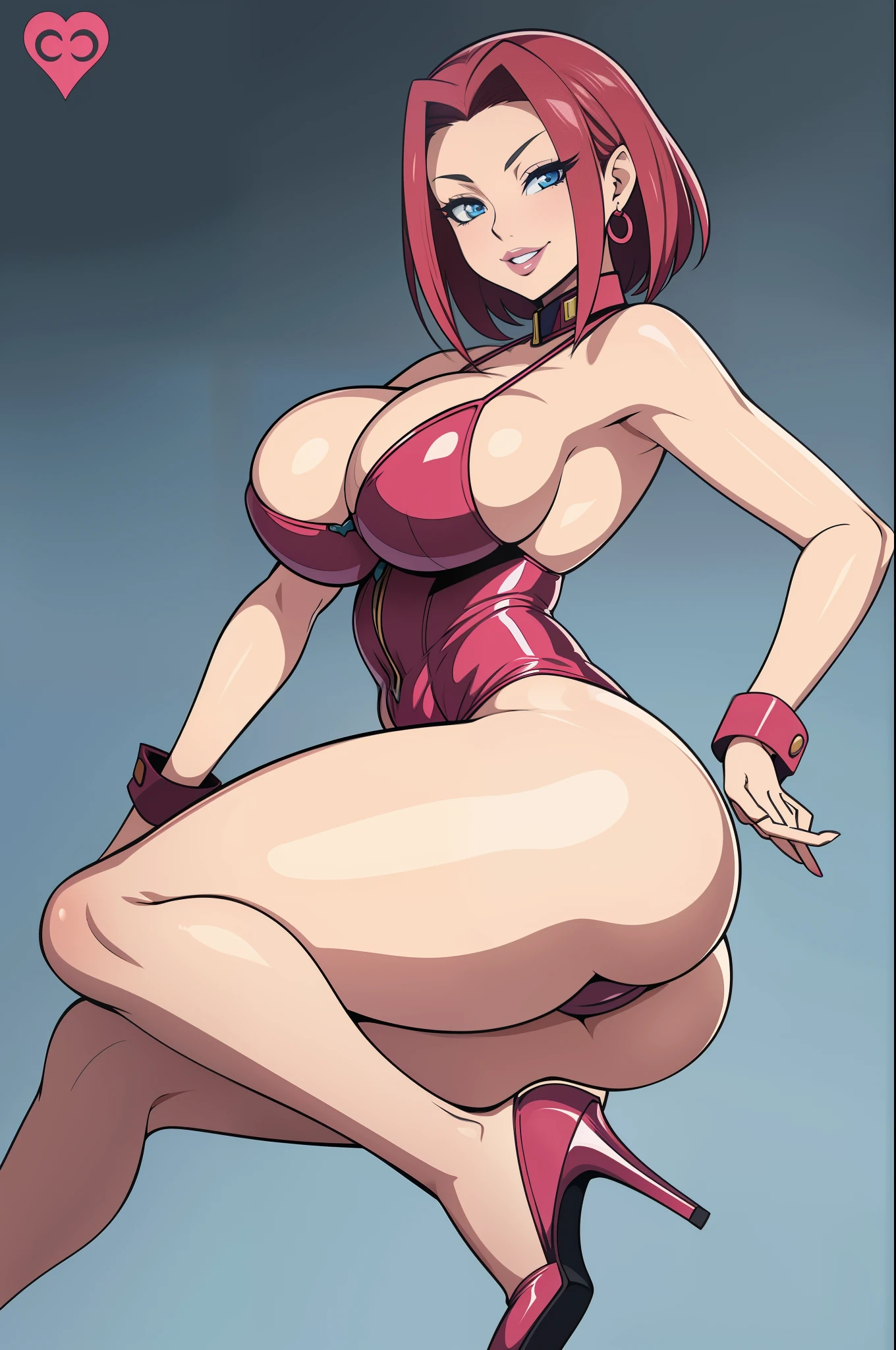 Code Geass, Kallen Stadfeldt 1girl, (((bimbo))), short red hair, blue eyes, ear rings, puffy lips, painted lips, thick lips, wide hips, thick thighs, big breast, huge ass, revealing cleavage, erotic, sexy Smile face, bubble butt, camel toe, Breasts, pink bunny outfit, legs, revealing cleavage, High heels, breasts bulge, ass posing, 