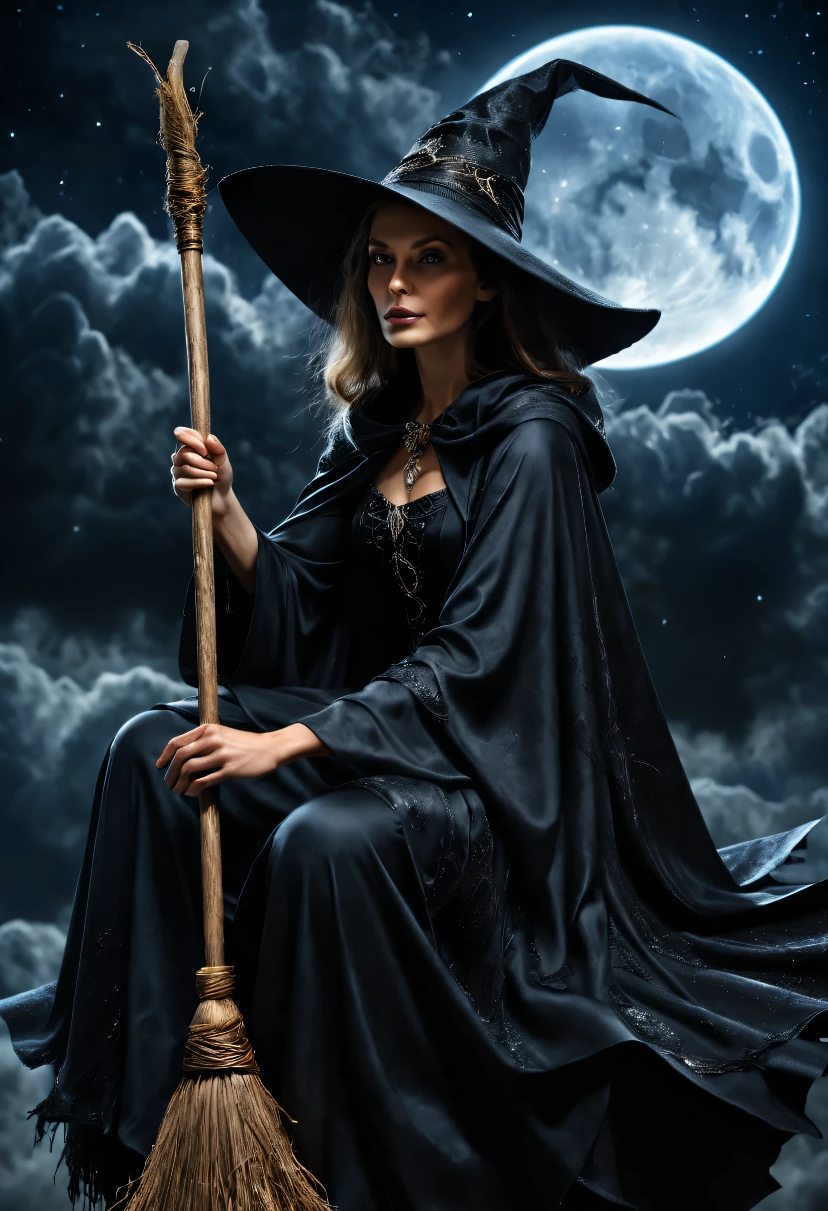  beautiful witch, cloaked in darkness, Sitting on her broom, flying through the night sky on her broom, close up frontal shot, dynamic, Intricate, High Detail, Sharp focus, dramatic, photorealistic