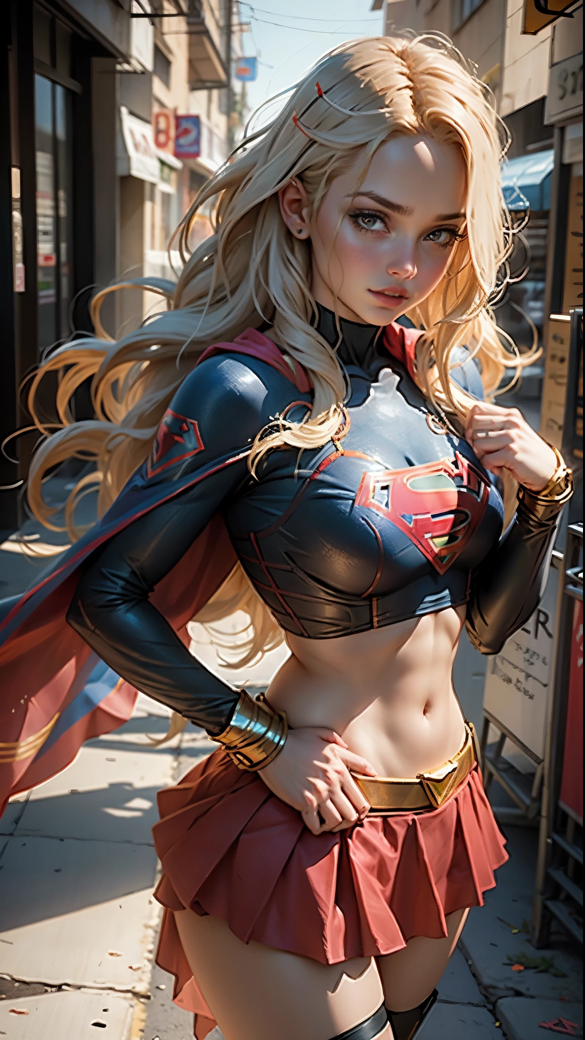 Mulher bonita cabelo curto corpo definido seios grandes, vestindo cosplay de Supergirl, nua, pelada