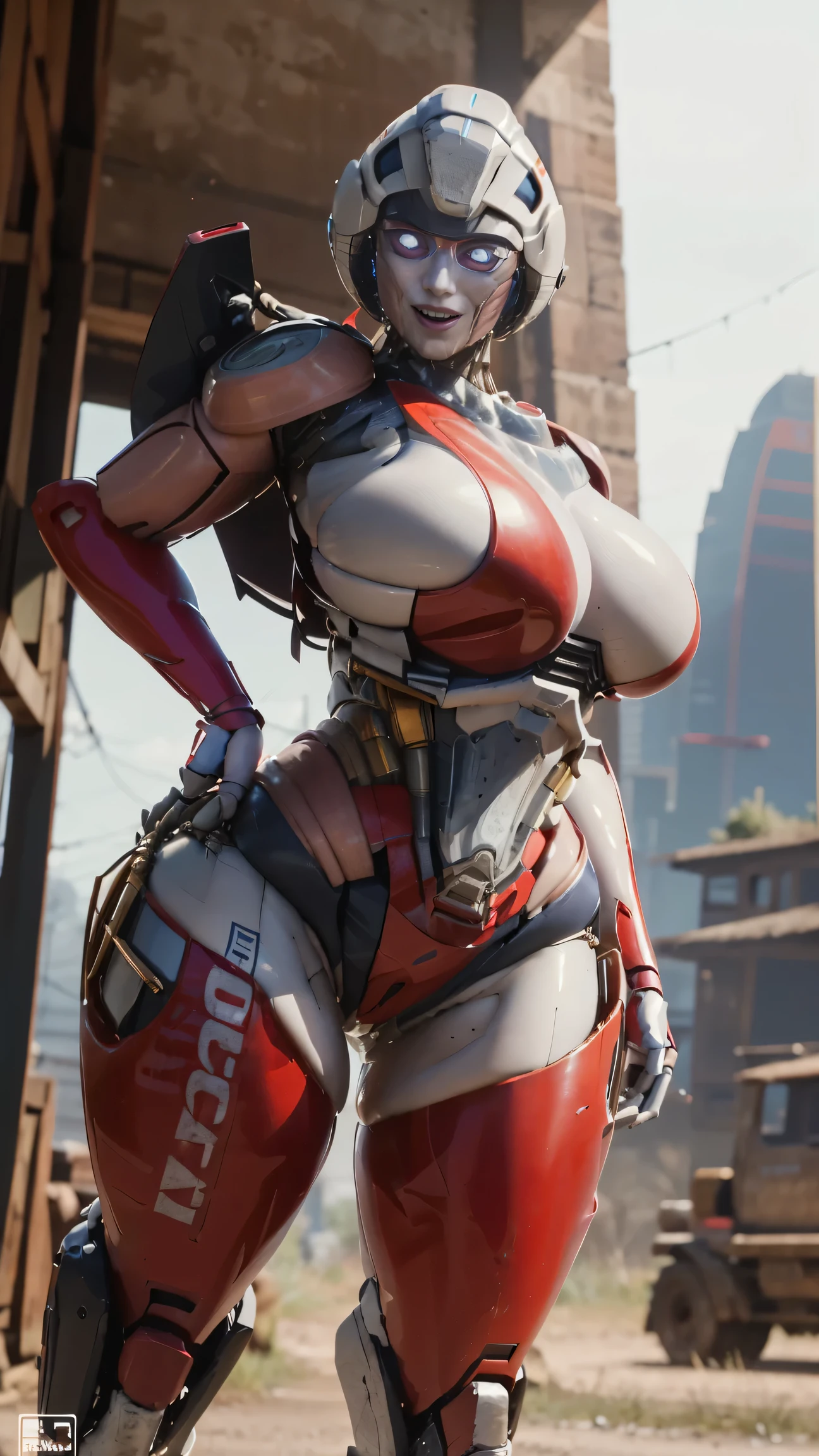 ROTB_Arcee, 1girl, big breasts, smile, (glowing eyes:1.2), outdoors, wide hips, thick thighs, no bra, blue panties, big ass, sexy pose, tall, from below, vulva, tall, long legs, from the back, bended