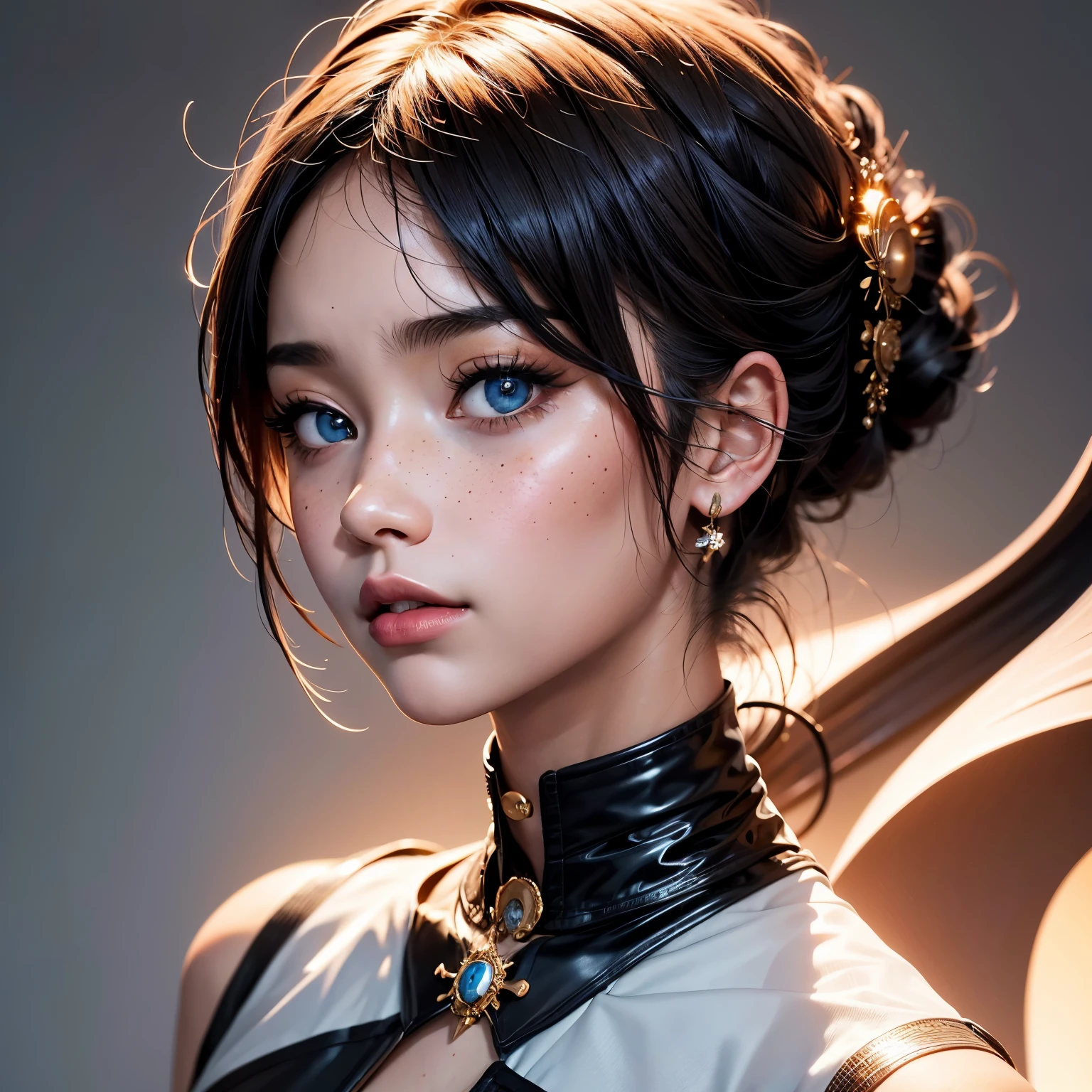 A very beautiful, well-groomed girl, with clear skin, normal facial features, beautiful lips and a slight smile on her face. beautiful figure, modern clothes, cool modern couture dress. presentation background, neutral gray-blue, in virtual space. highest quality, 16K. FULL HD, cinematic rendering. Create a piece of art that captures baby Michela's unique beauty. Famous digital influencer. Sits in a chair, in a relaxed position. Focus on her unique facial expression as she looks straight into the camera, trying to capture the intensity of her piercing blue eyes. Capture her signature style with a Spanish-inspired updo styled in two carefully crafted hairpieces. Add details that reflect her charming and avant-garde personality. We took care to convey the aura of modernity and originality that characterizes Lil Miquela in the digital world. A few freckles and nevi, as well as short hair wrapped up.