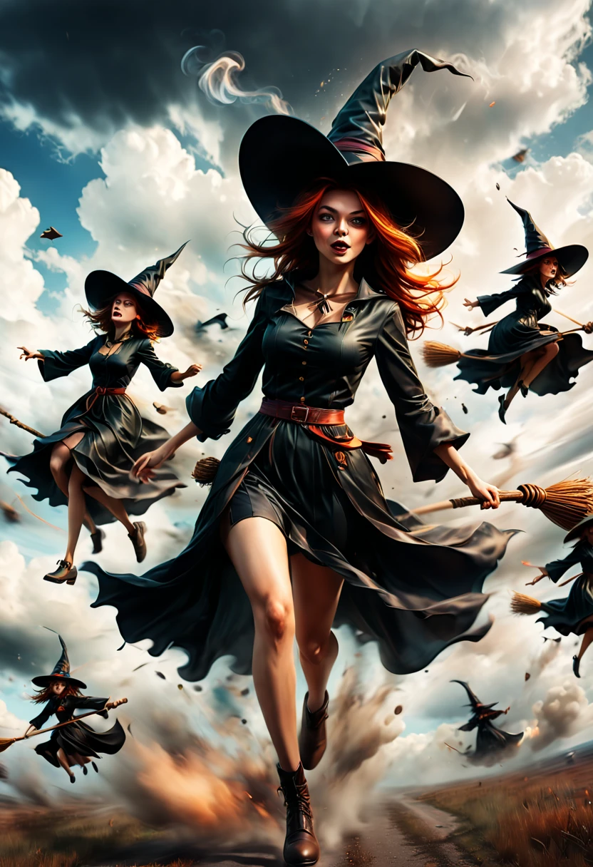 Several witches on broom, Flying Broomstick Race, chasing Race, shuttle among the clouds, Motion Blur, witch hat, (best quality, masterpiece, Representative work, official art, Professional, Ultra high detail, 8k)
