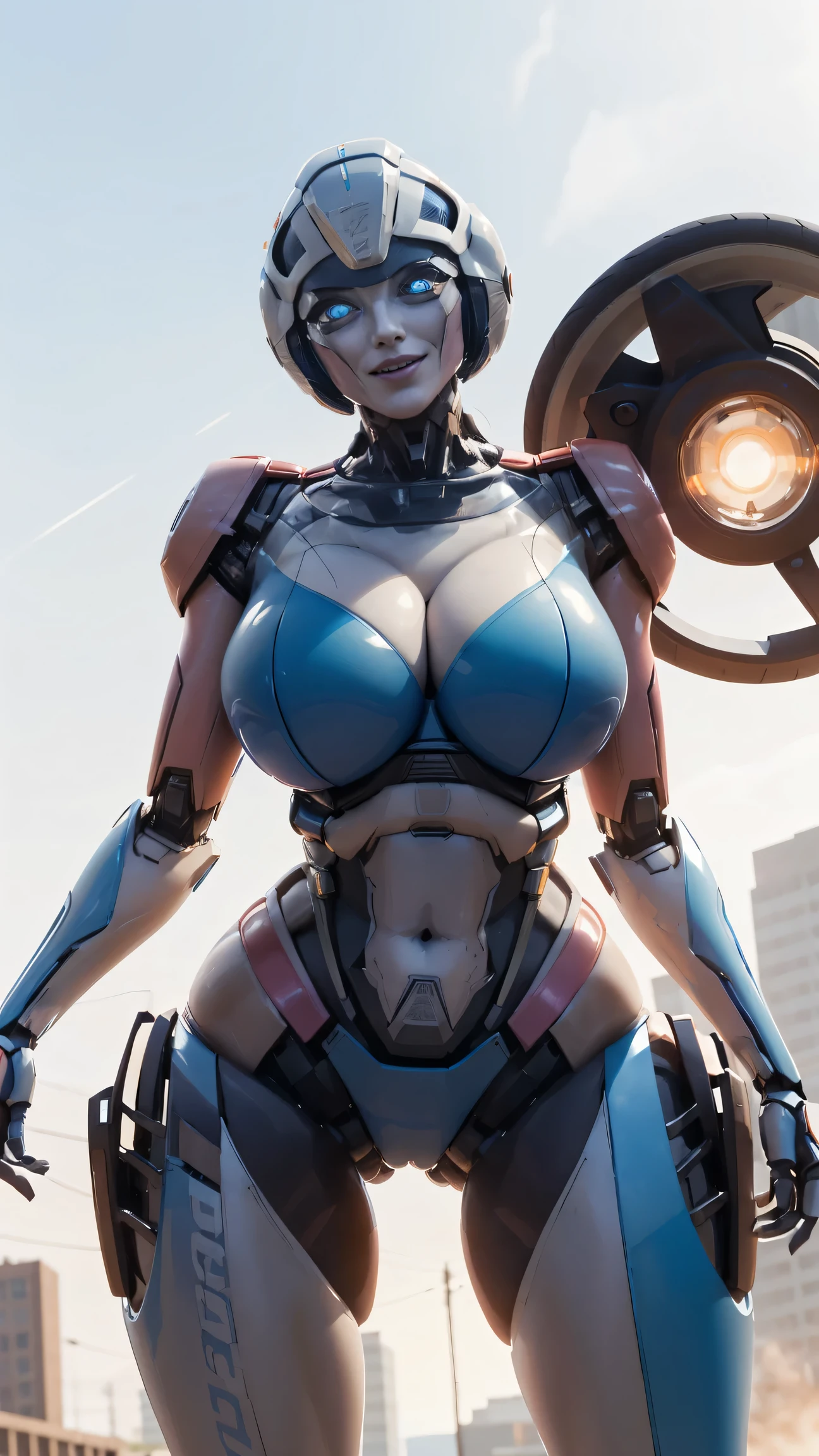 ROTB_Arcee, 1girl, big breasts, smile, robot, mecha, (glowing eyes:1.2), outdoors, wide hips, navel, thick thighs, blue bra, blue panties, big ass, sexy pose, tall, from below, vulva