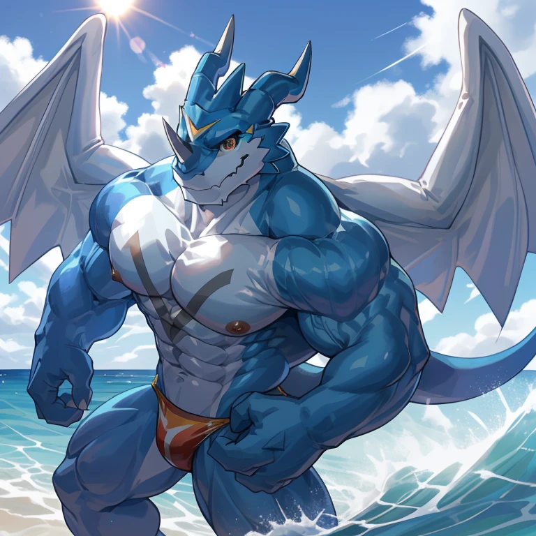 V beast,ExVeemon,Digimon,digimon,dragon,male,aldult,alone,4K,best quality,Best quality,surf,surf板,looking at the audience,Show muscles,hairy body,Topless,No clothes on,Bare chest muscular chest muscles, Pink nipples, Six-pack abs,biceps, 白色dragon翅膀,dragon翅膀,Spread your wings,dragon尾巴,anatomically correct,pride,soft shadow,majestic ,Detailed face, High quality eyes,Orange pupils black eyes,Sharp eyes,Grandiose,Valiantary,thong,Smile confidently,Strong,mature,seaside,Beach background,Blue sky and white clouds,The sun shines