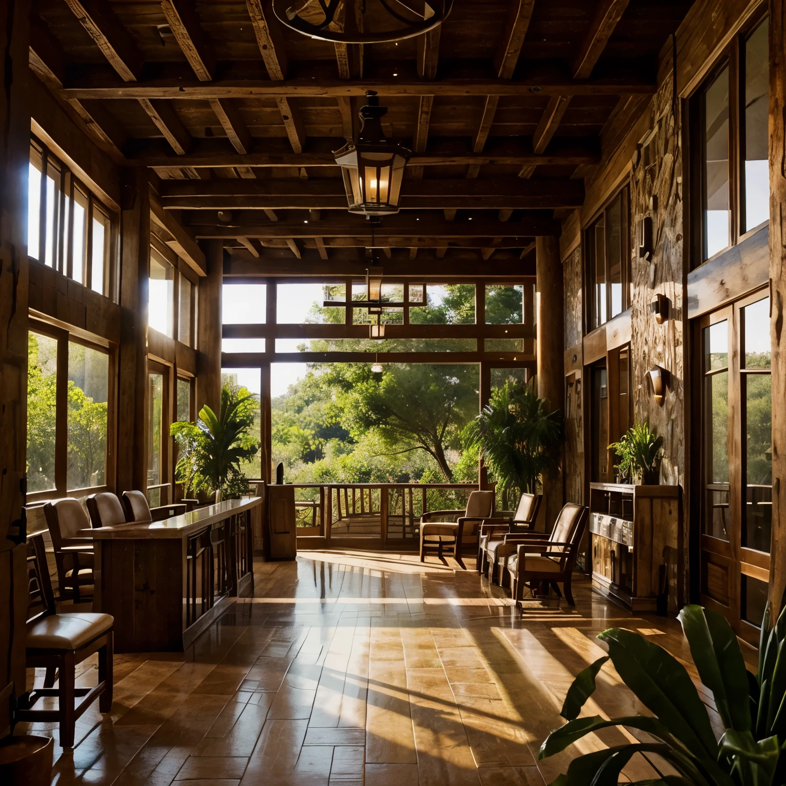 Rustic hotel lobby, mucha naturaleza