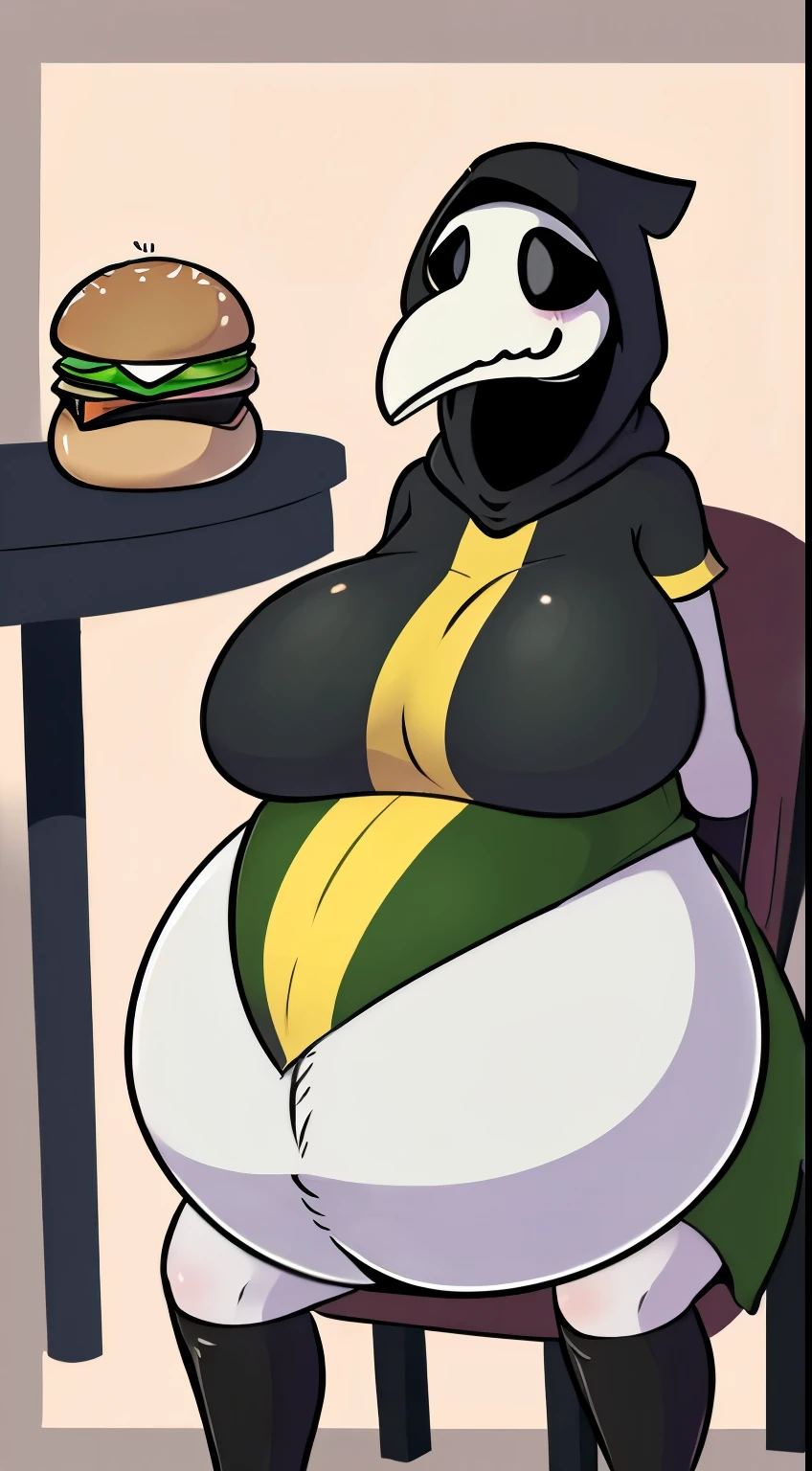 plague doctor, 1girl, solo, hood, mask, gloves, faceless, plague doctor mask, tabard, medieval, huge breasts, siting on a chair next to a table, huge inflated belly, overfeed, belly bulging out, belly bursting like a ballon, belly inflated like a ballon, a burger in hand, belly will burst any second now, white skin,