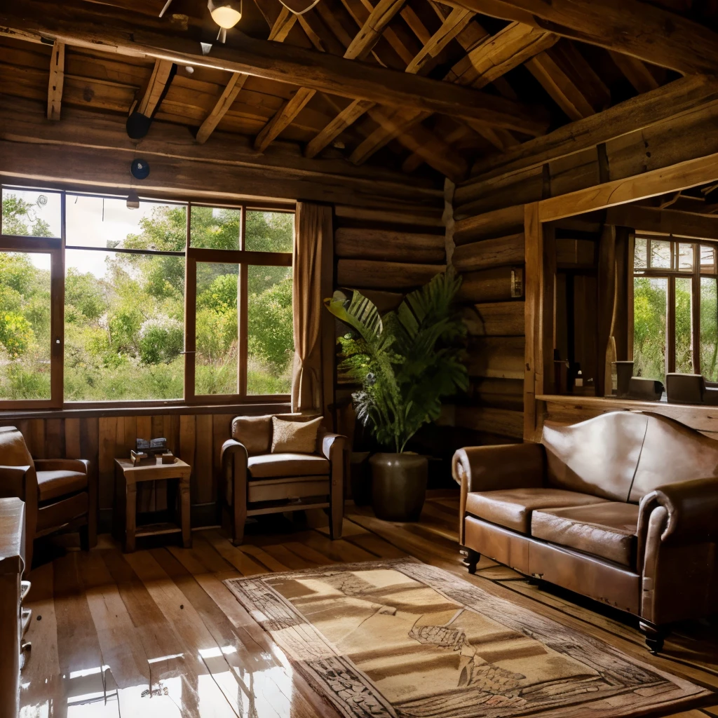 Rustic hotel lobby, mucha naturaleza