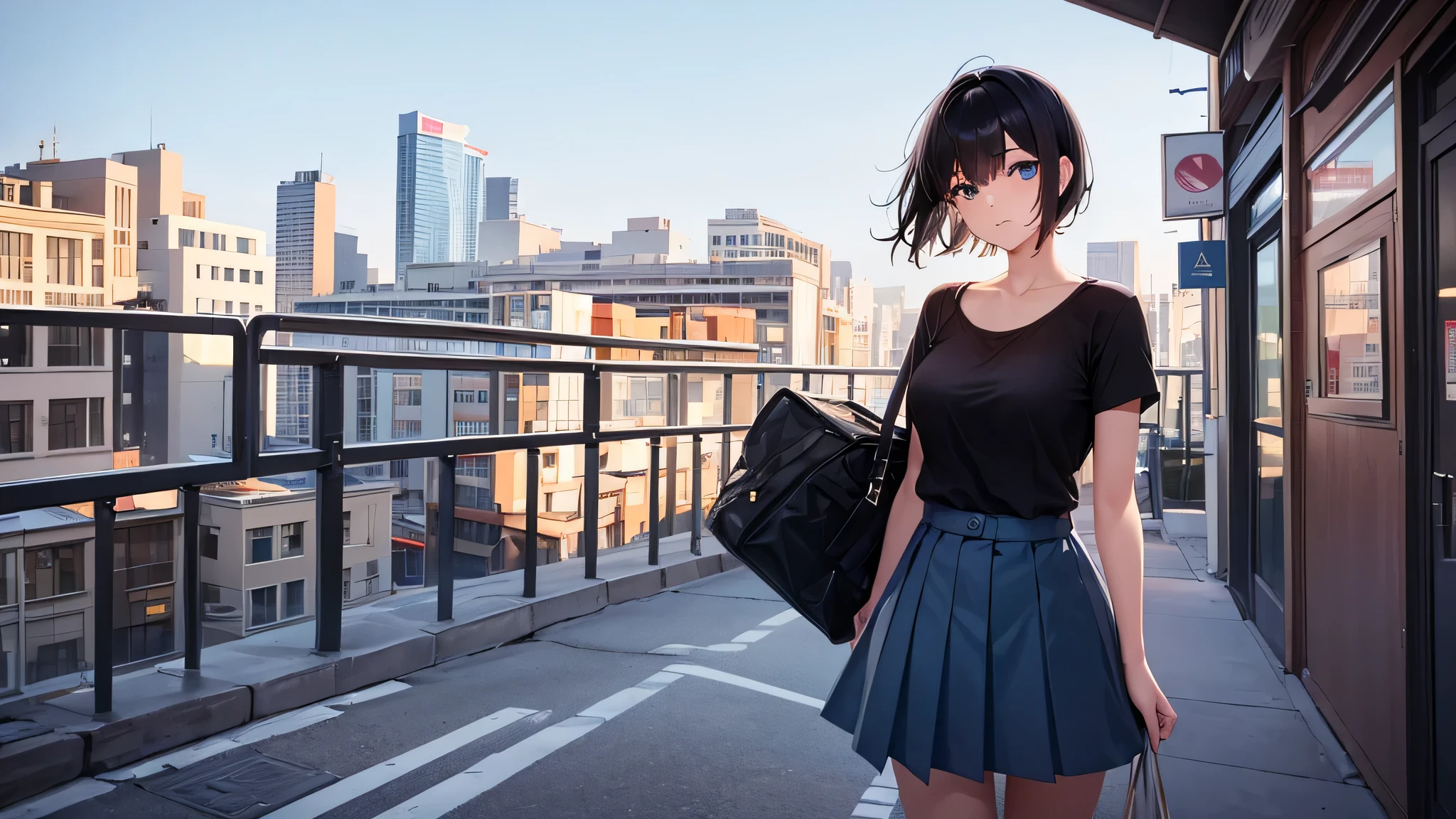 1girl, short black hair, blue eyes, wearing shirt, cute, natural, sky skirt, city, absurdres, high res, ultrasharp, 8K, masterpiece, looking at viewer