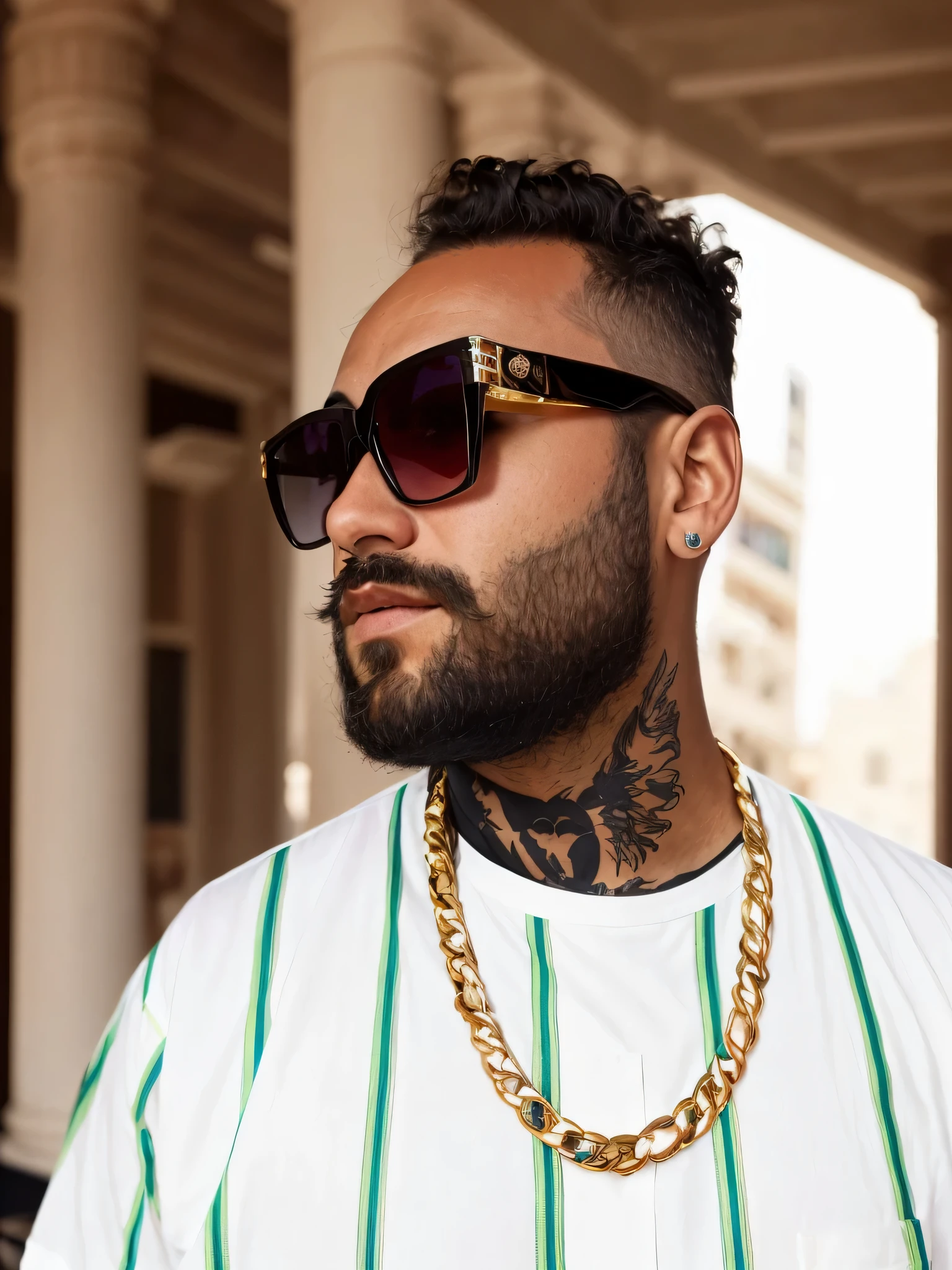 araffe with beard and white shirt wearing sunglasses, wearing versace sunglasses, taken at the beginning of 2020, sombreamento perfeito, Iluminado lateralmente, olhando para o lado, tapered hairline, arte oficial, looking to the side of the camera, parecendo muito legal e estiloso, Foto de retrato 8k, 🤬 🤮 💕 🎀