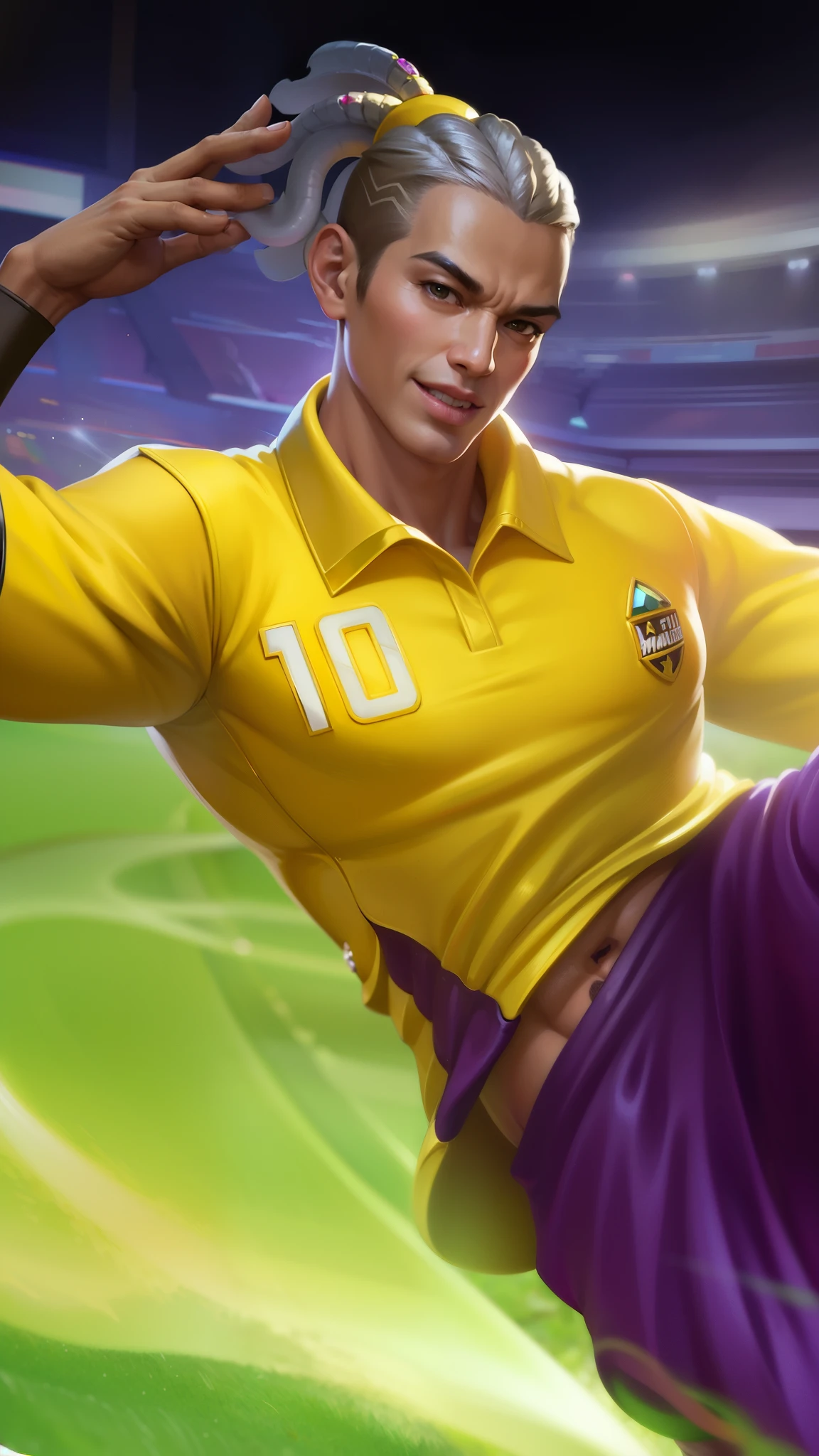 Masterpiece, ultra HD, detailed all picture, a close up of a devil, bruno from mobile legend, evil, extremely detailed artgerm, mobile legends character, inspired by bruno, Six pack chest and abs, yellow jewel above the chest.