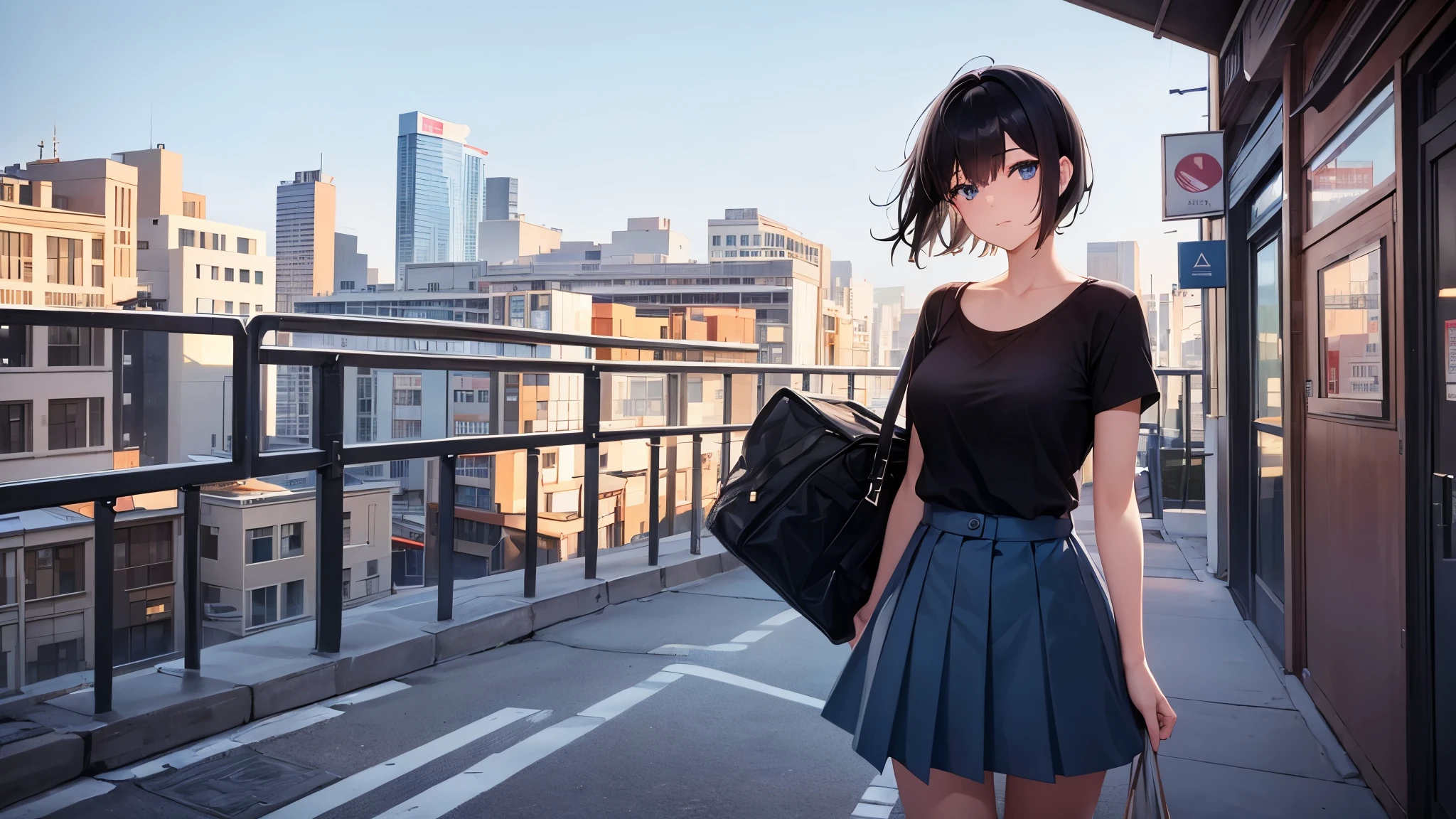 1girl, short black hair, blue eyes, wearing shirt, cute, natural, sky skirt, city, absurdres, high res, ultrasharp, 8K, masterpiece, looking at viewer