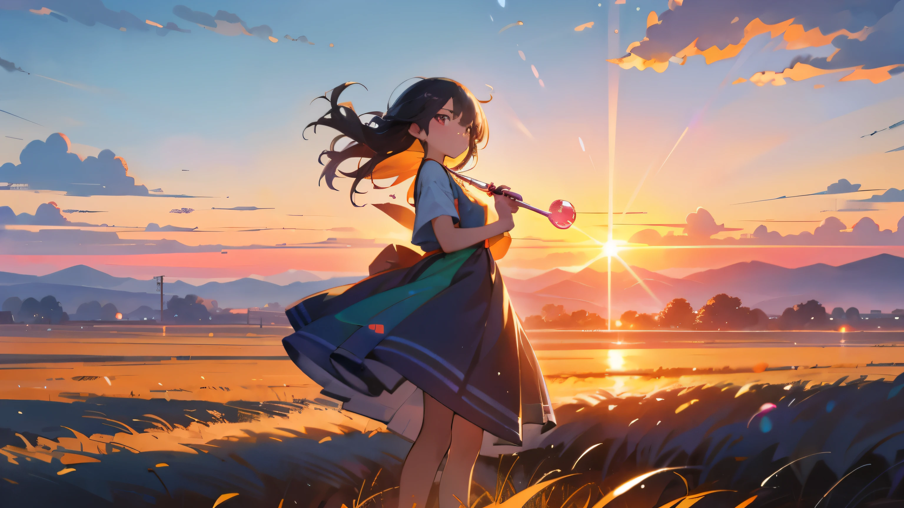 Girl Standing In The Field, whole body, Raise it to your feet, Neon soap bubbles, detailed face, mid shot, portrait, cloud, sunrise, Shin Haichenfeng