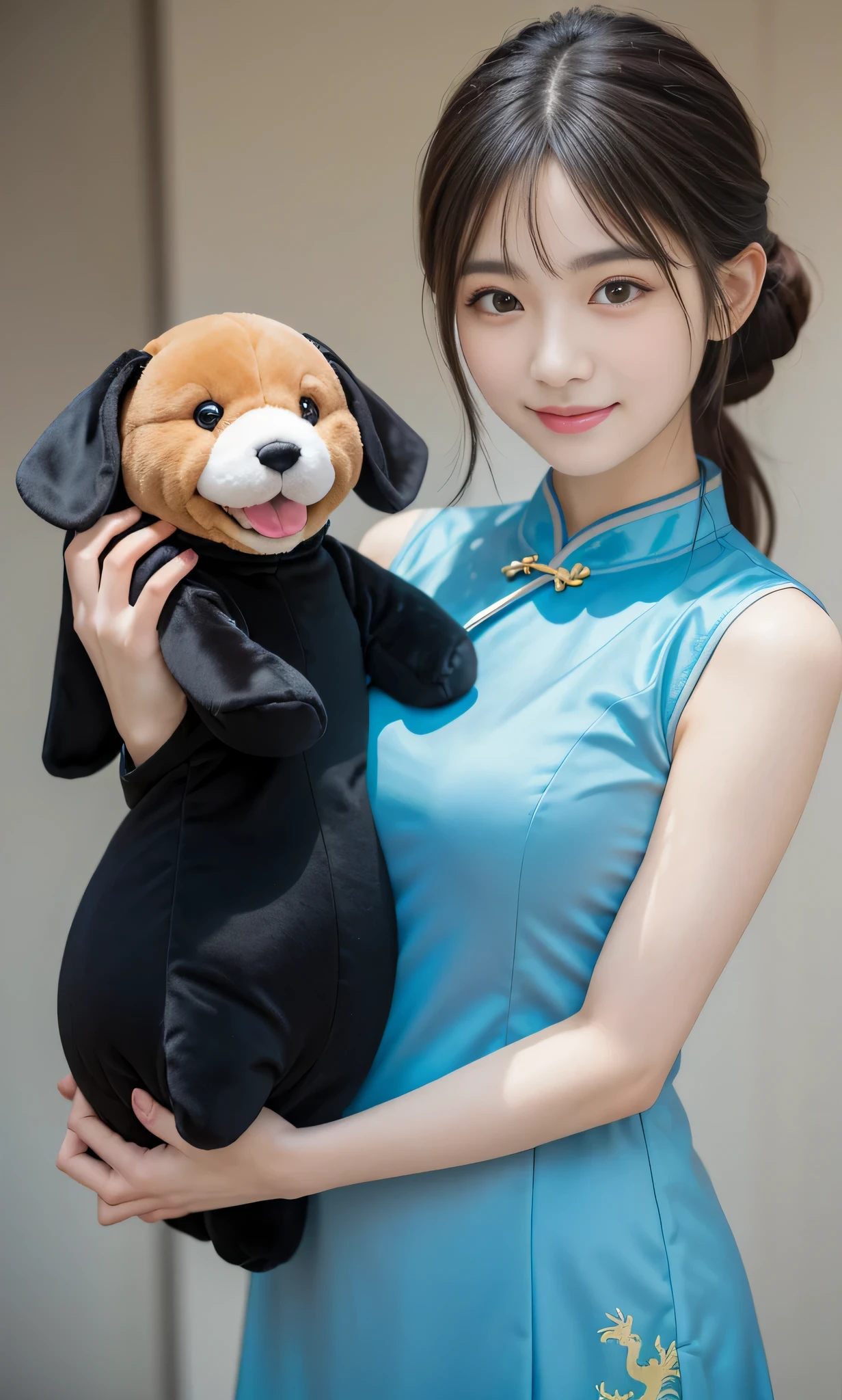 (super highest quality、ultra high resolution、8k、masterpiece:1.3)、beautiful woman with perfect figure:1.4、、black hair、((Blue cheongsam))、((((((no background)))))、cute、highly detailed face and skin、fine eyes、double eyelid、thin legs、best smile、(((1people々)))、(woman with stuffed dog)、((1two large stuffed animals))、best smile、extraordinary beauty、Age is 16 years、perfect proportions、((Cheongsam with dragon design))、Bury your face in a stuffed dog、cute犬のぬいぐるみ、一people々Bocchi