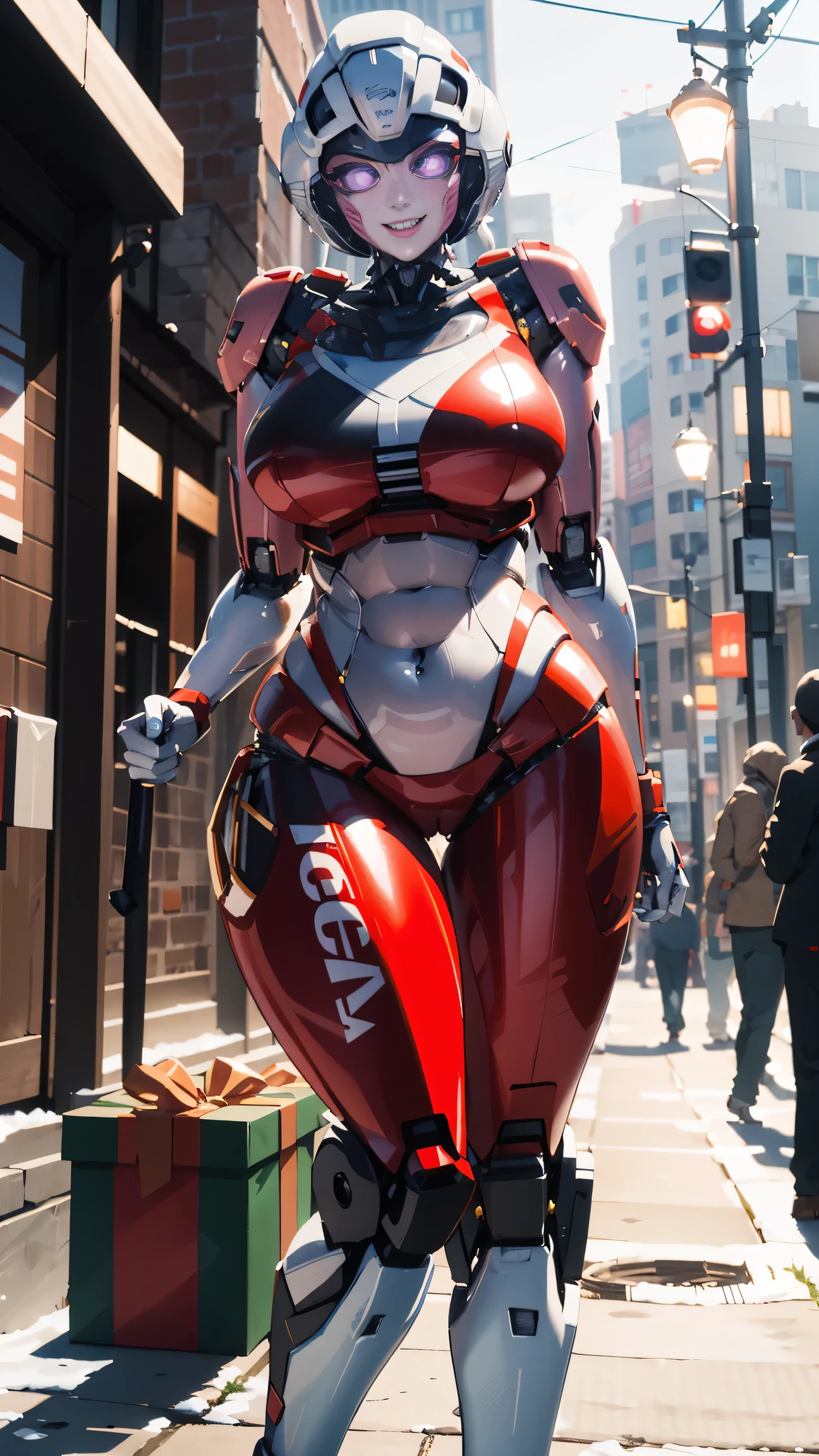 ROTB_Arcee, 1girl, big breasts, smile, robot, mecha, (glowing eyes:1.2), Christmas tree, Christmas gifts, outdoors, wide hips, navel, thick thighs, snow falling on street,