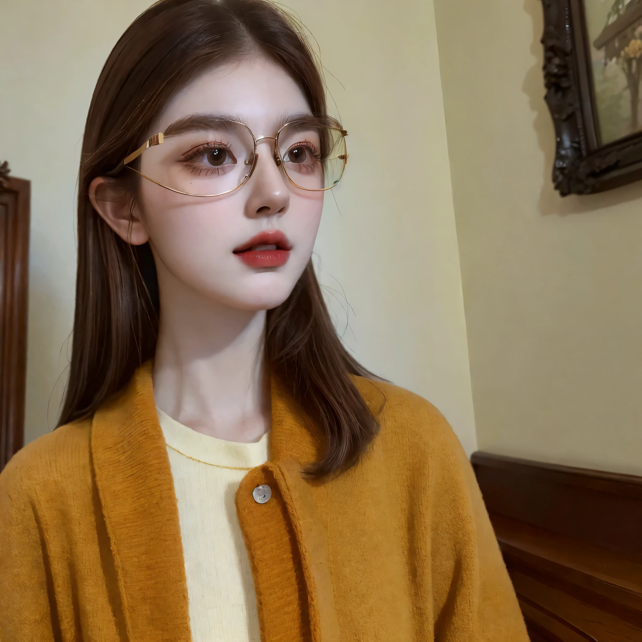 (masterpiece:1.3),(Very detailed:1.3),(high resolution:1.1),best quality,Ultra-detailed,1 girl,alone，brown hair，Preppy outfit，Black round frame metal glasses，smart glasses，retro bedroom，oak，dried flower