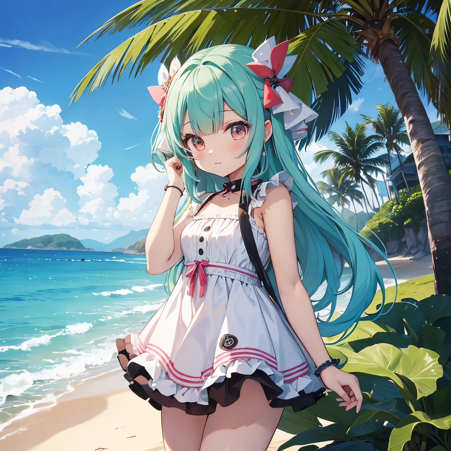 1girl,little_girl,little_body,cute_loli,Emi, two-tone hair, red eyes, pigtail, hair ornaments, bikini, sandals,