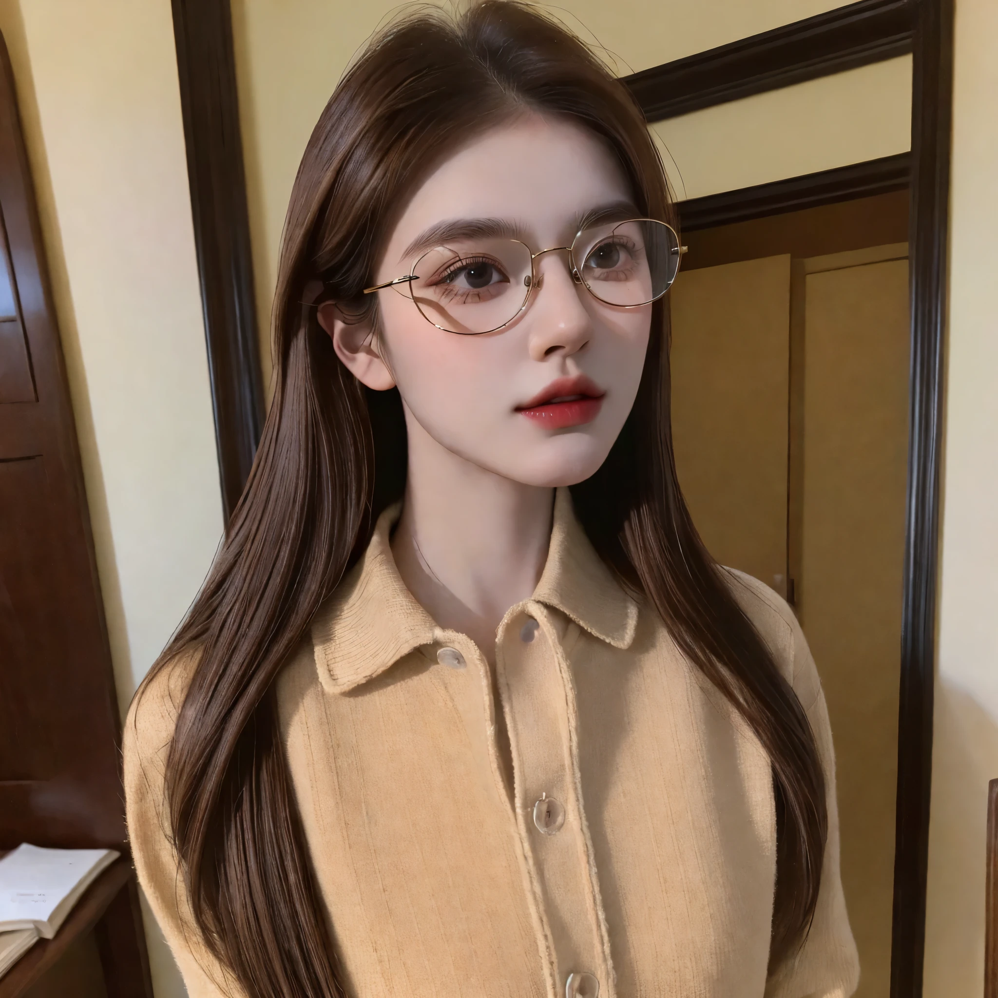 (masterpiece:1.3),(Very detailed:1.3),(high resolution:1.1),best quality,Ultra-detailed,1 girl,alone,brown hair,Preppy outfit,Black round frame metal glasses,smart glasses,retro bedroom,oak,dried flower