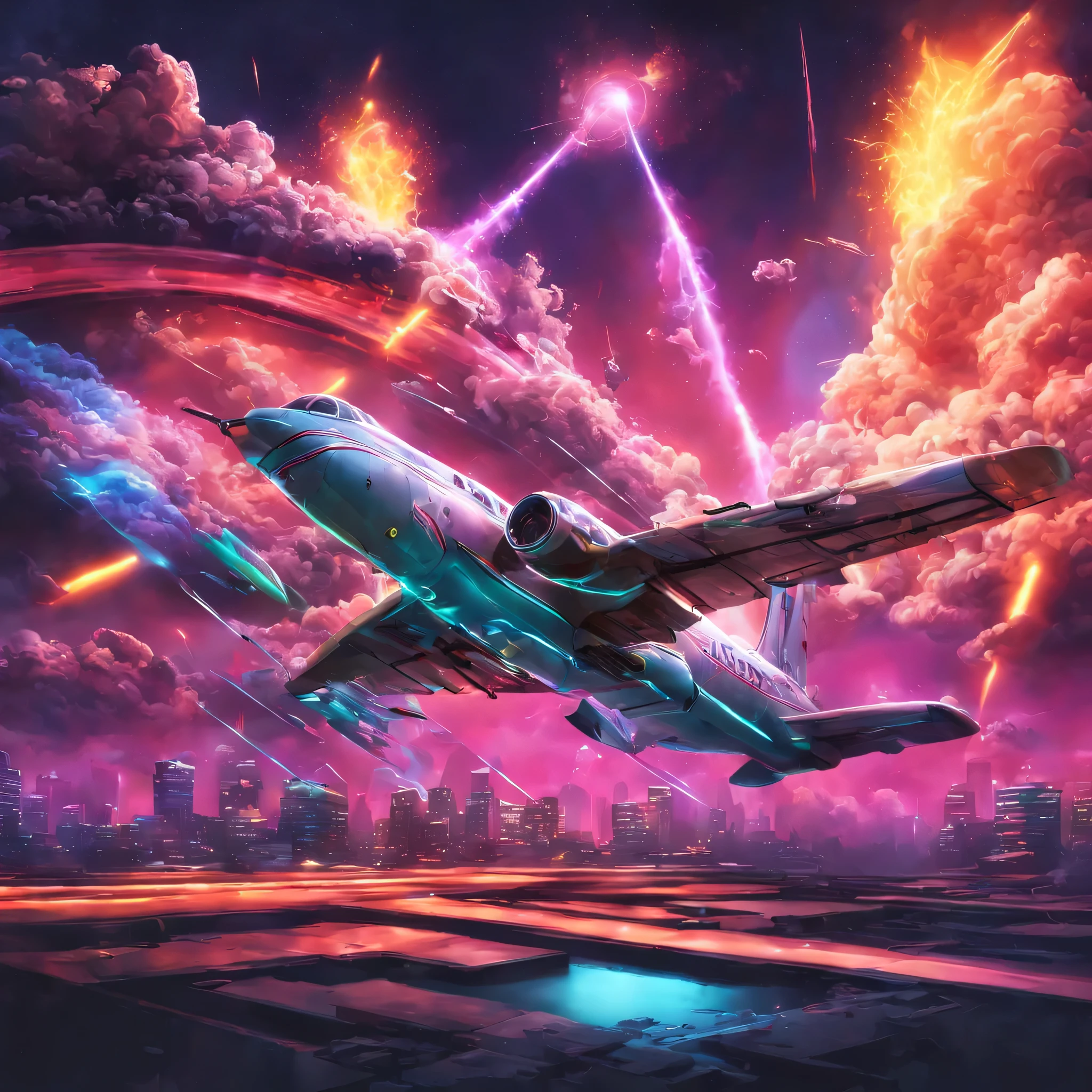 (alta qualidade,4k,8k,high resolution,obra de arte:1.2),ultra-detalhado,(realista,photorealista,photo-realista:1.37),cores vivas,Bokeh,retro,futurista,luzes de neon,vintage,anos 80,Synthetic wave,Album cover art,arte de videogame,blast,plane,Fogo,paisagem urbana,escuro,noite,brilhante,eletrizante,estrelas,cosmic,Poderoso,energetic,memorable,creative composition,dynamic,atraente,excitante,noivando,anos 80 style typography,ornamental,ESTILIZADO,retro arcade style,illustration detailed,dramatic lighting,3D rendering,Efeitos visuais impressionantes,Unforgettable images
