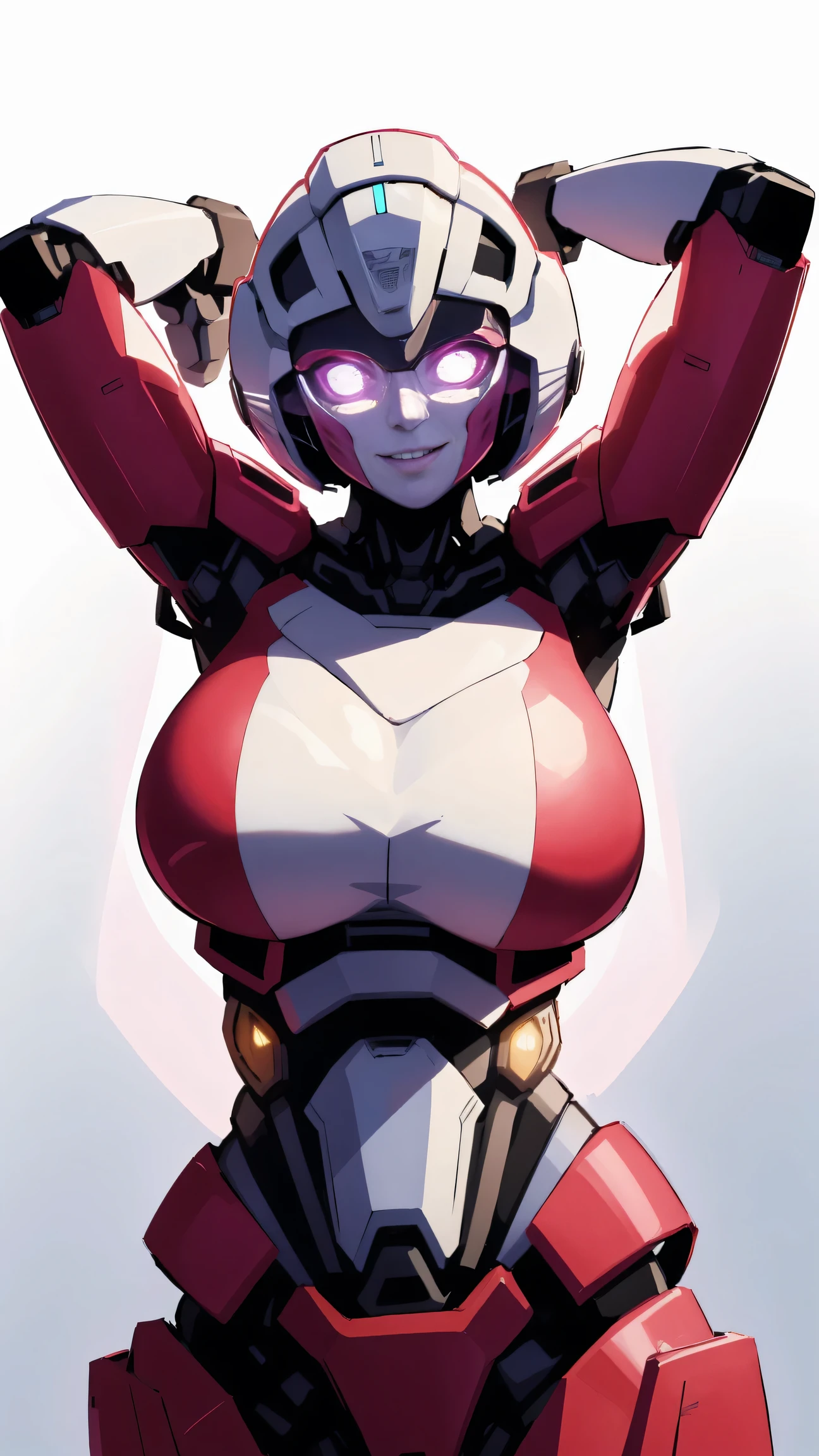 ROTB_Arcee, 1girl, big breasts, smile, robot, mecha, (glowing eyes:1.2), arms behind head