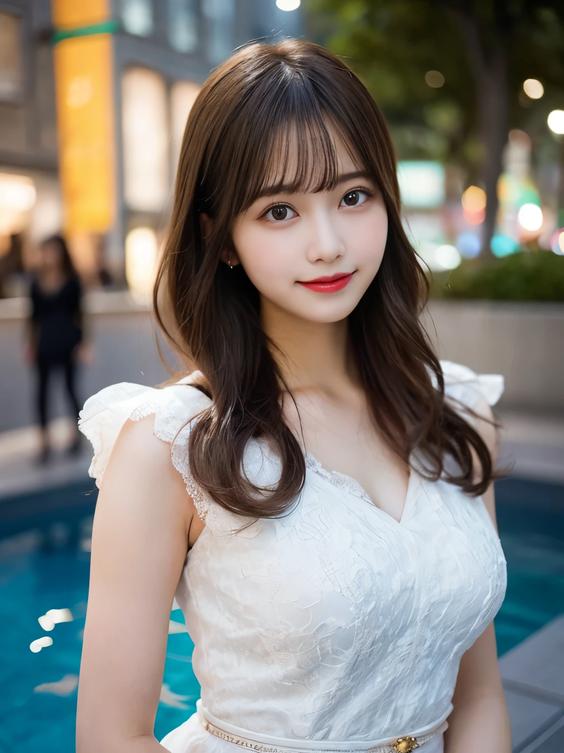 muste piece, best quality, illustration, Super detailed, fine details, High resolution, 8K Dende Wallpaper, perfect dynamic composition, beautiful detailed eyes, she is wearing a white dress,medium hair,natural color lip, shy smile,Harajuku style、20 year old girl、There is only one person, bust up photo、Correct posture、stretch your back、Never show your hands、Stand up straight、cute type、looking at camera、C Cup、golden hair、Don't touch it、Blurry night pool background