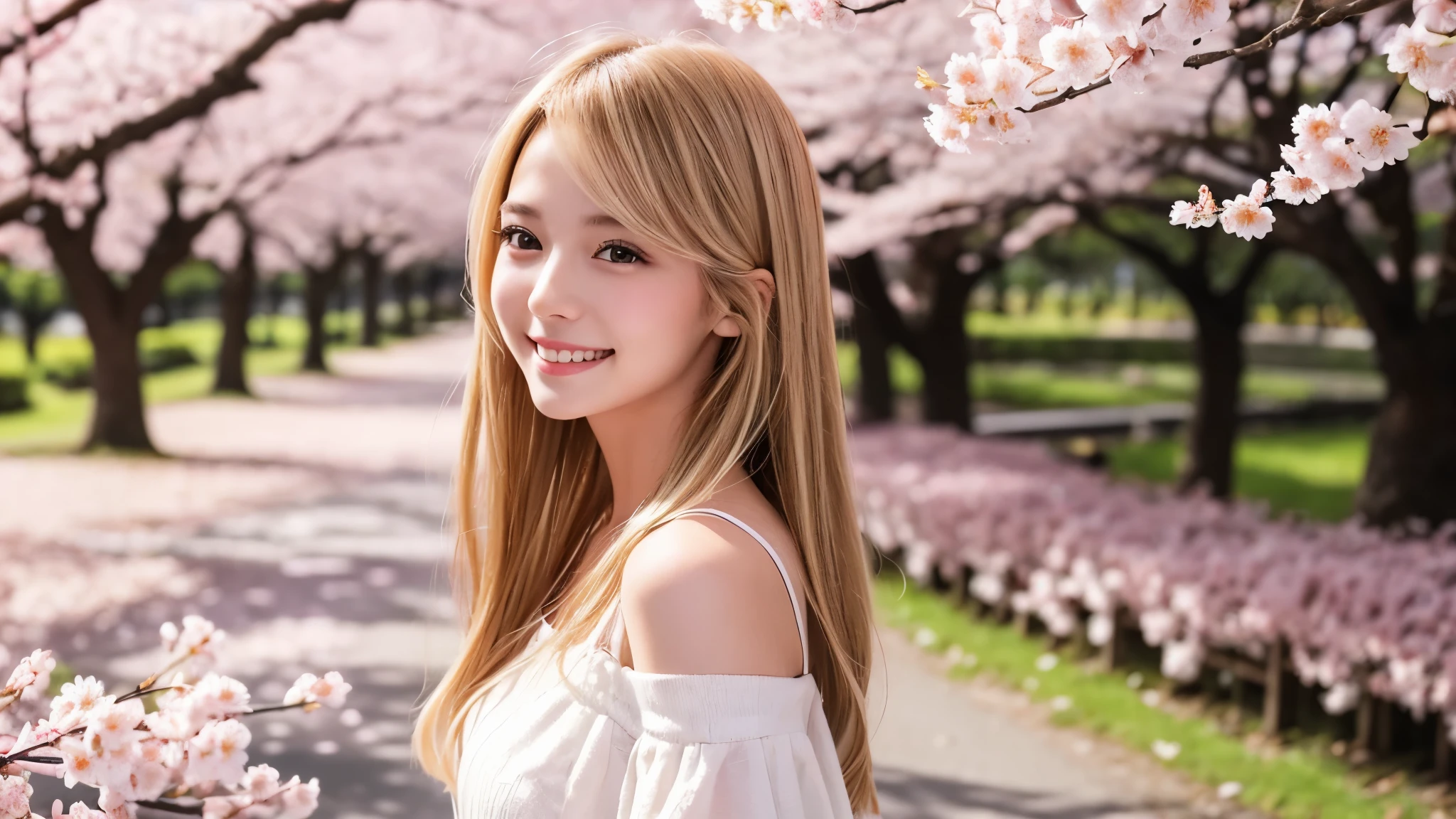 Instagram pictures, french girl, Shoulder length hair, Has light blonde hair, Close-up photo, Take a walk in the park with cherry blossoms, Japan, smile a little,