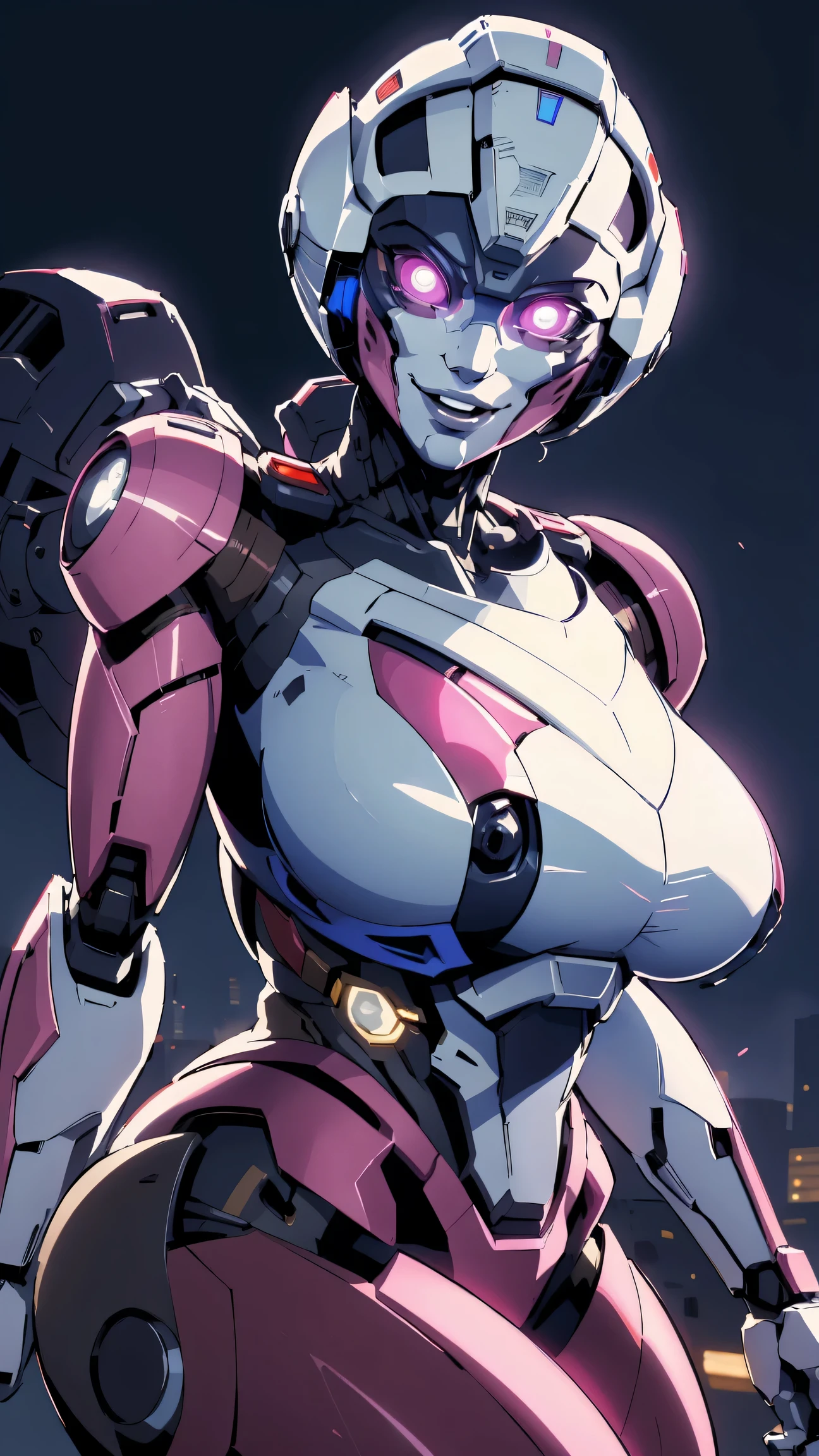 ROTB_Arcee, 1girl, big breasts, smile, robot, mecha, (glowing eyes:1.2)