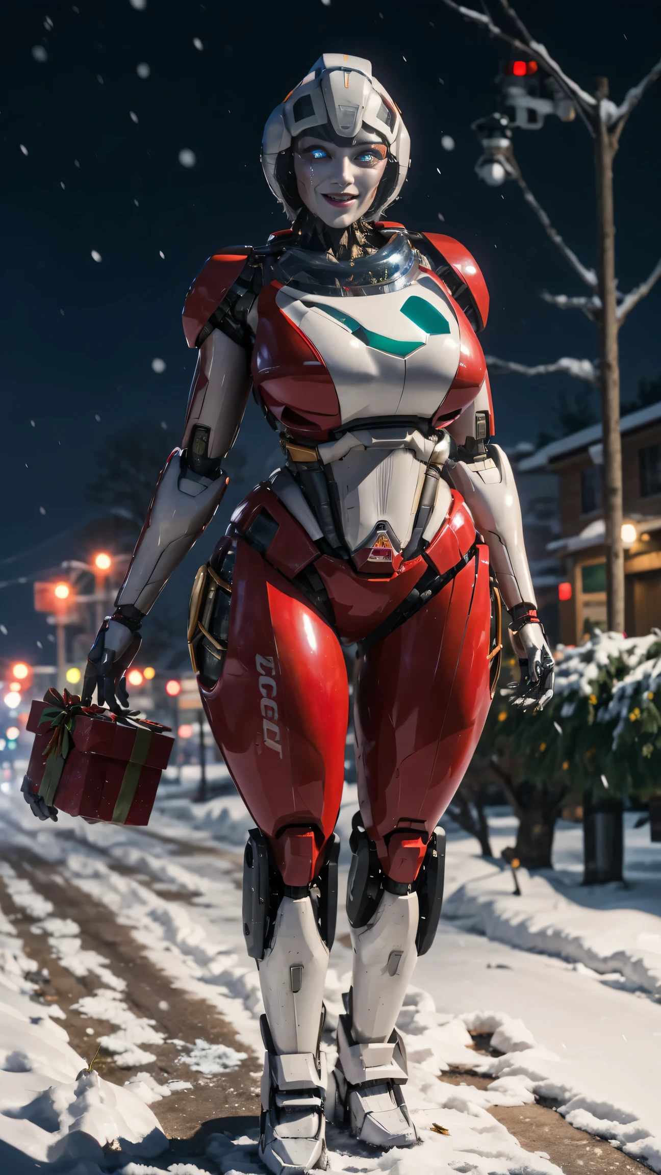 ROTB_Arcee, 1girl, big breasts, smile, robot, mecha, (glowing eyes:1.2), Christmas tree, Christmas gifts, outdoors, wide hips, navel, thick thighs, snow falling on street,