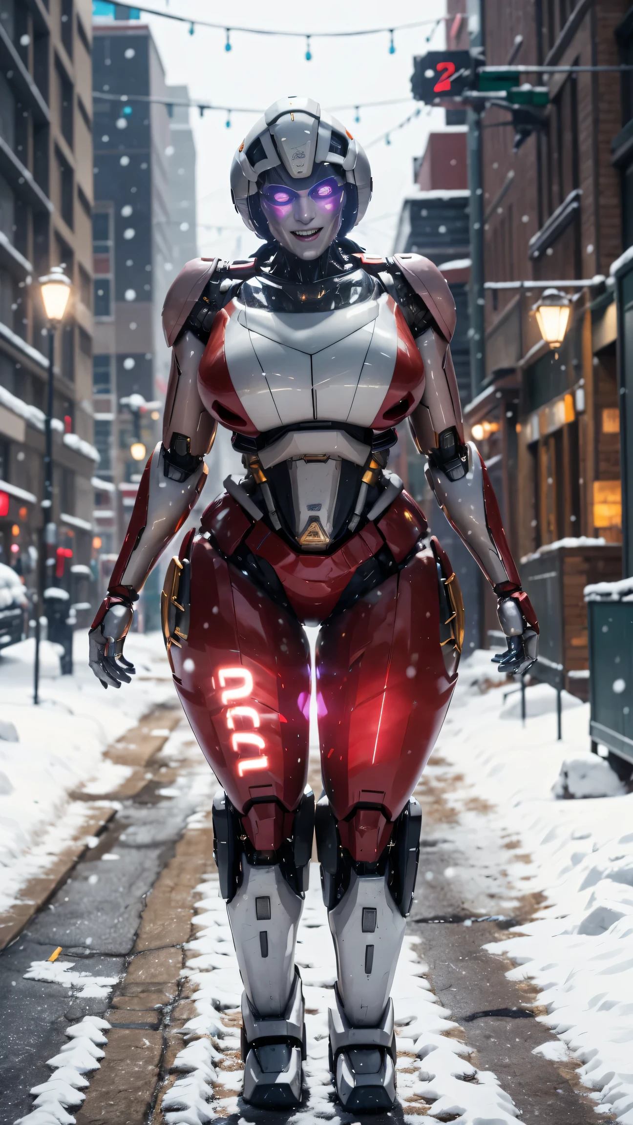 ROTB_Arcee, 1girl, big breasts, smile, robot, mecha, (glowing eyes:1.2), Christmas tree, Christmas gifts, outdoors, wide hips, navel, thick thighs, snow falling on street,