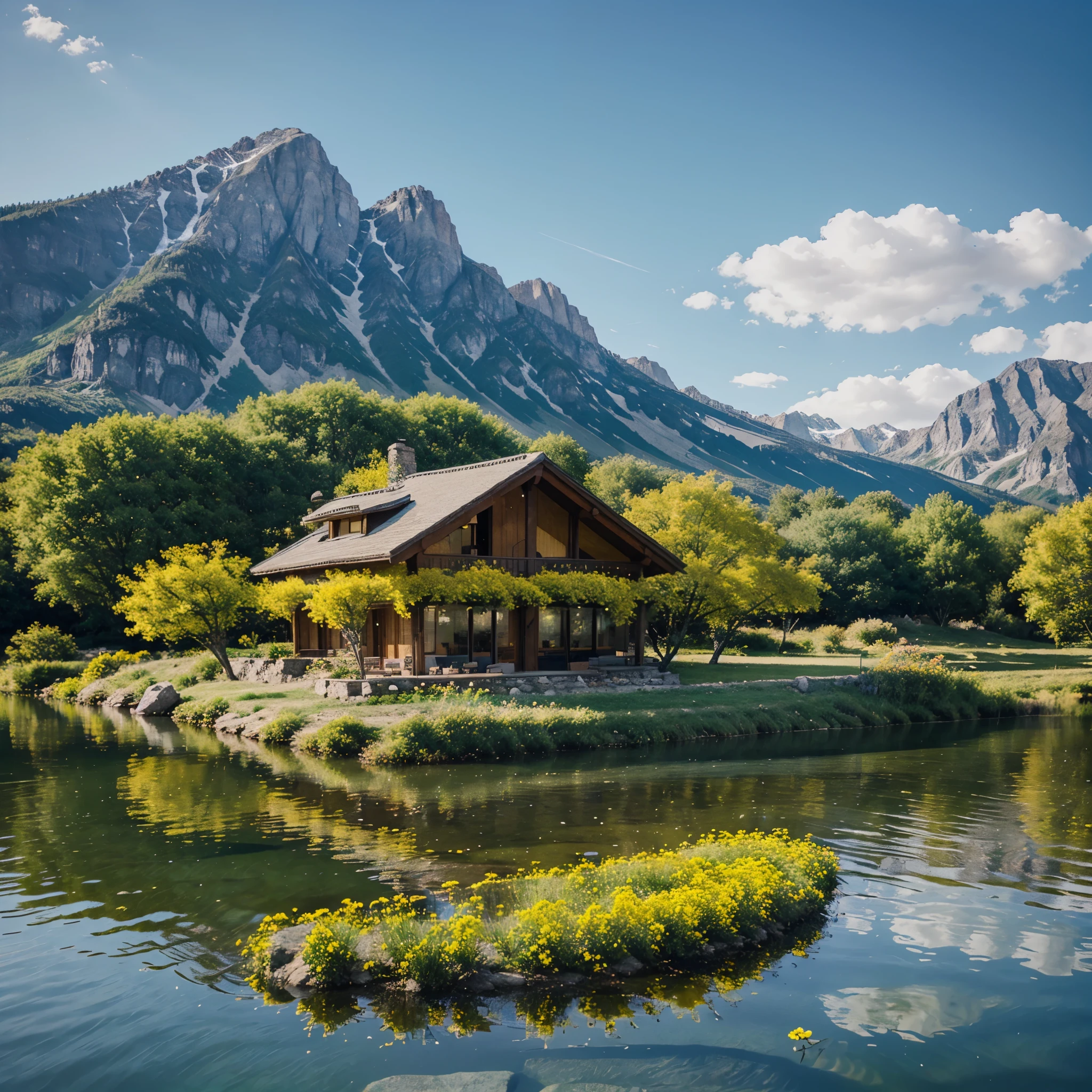 a house on a lake with stones and yellow flowers with mountains in the background, vexel art