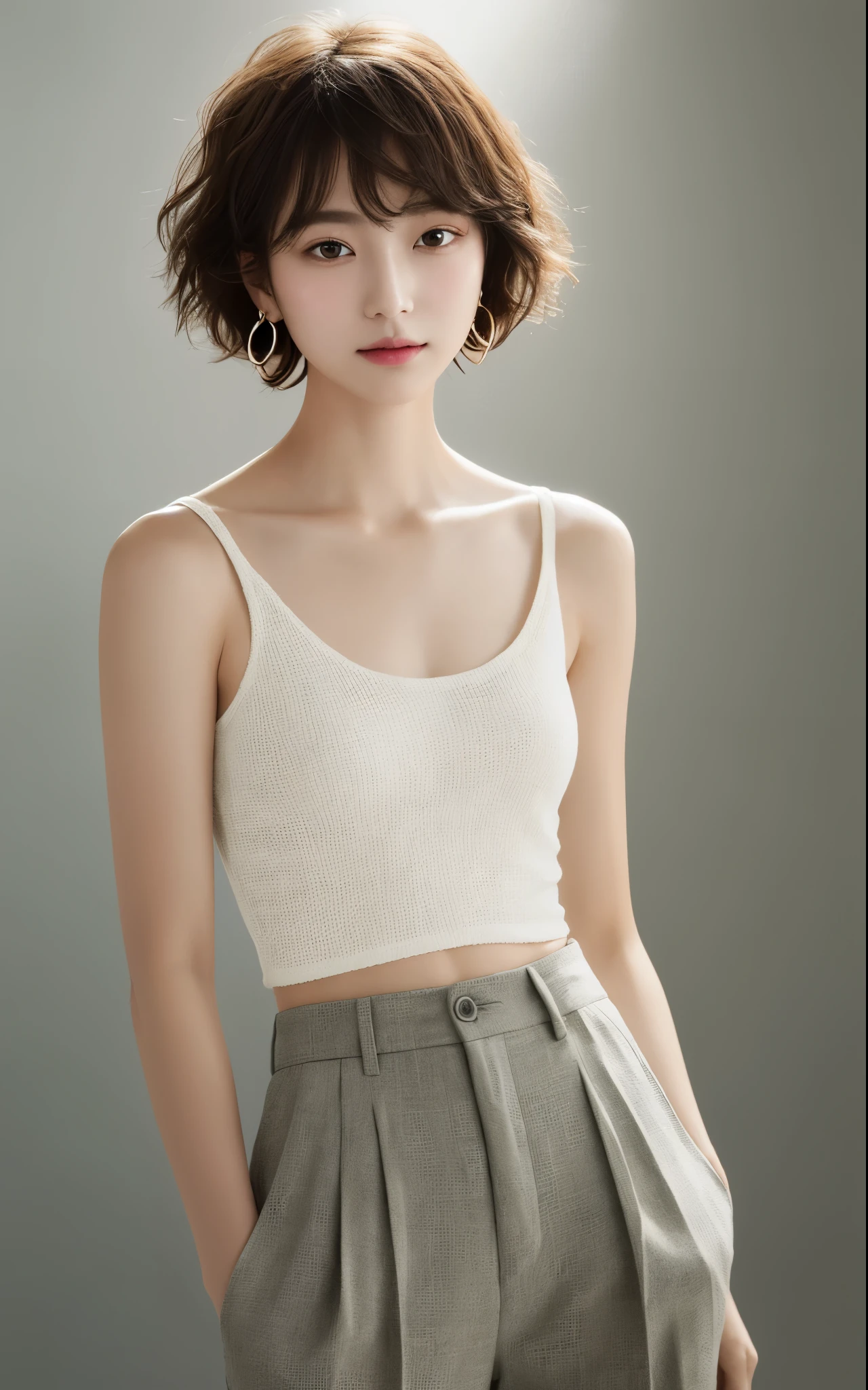 masterpiece, best quality, Solitary, 1 Girl, Bright skin, Hoop Earrings, Glamorous, Peculiar details, Smooth hair, Fascinating, Bare shoulders, Top of crop, trousers, Shallow depth of field, Contrasting, Professional Model, Facing forward, portrait 