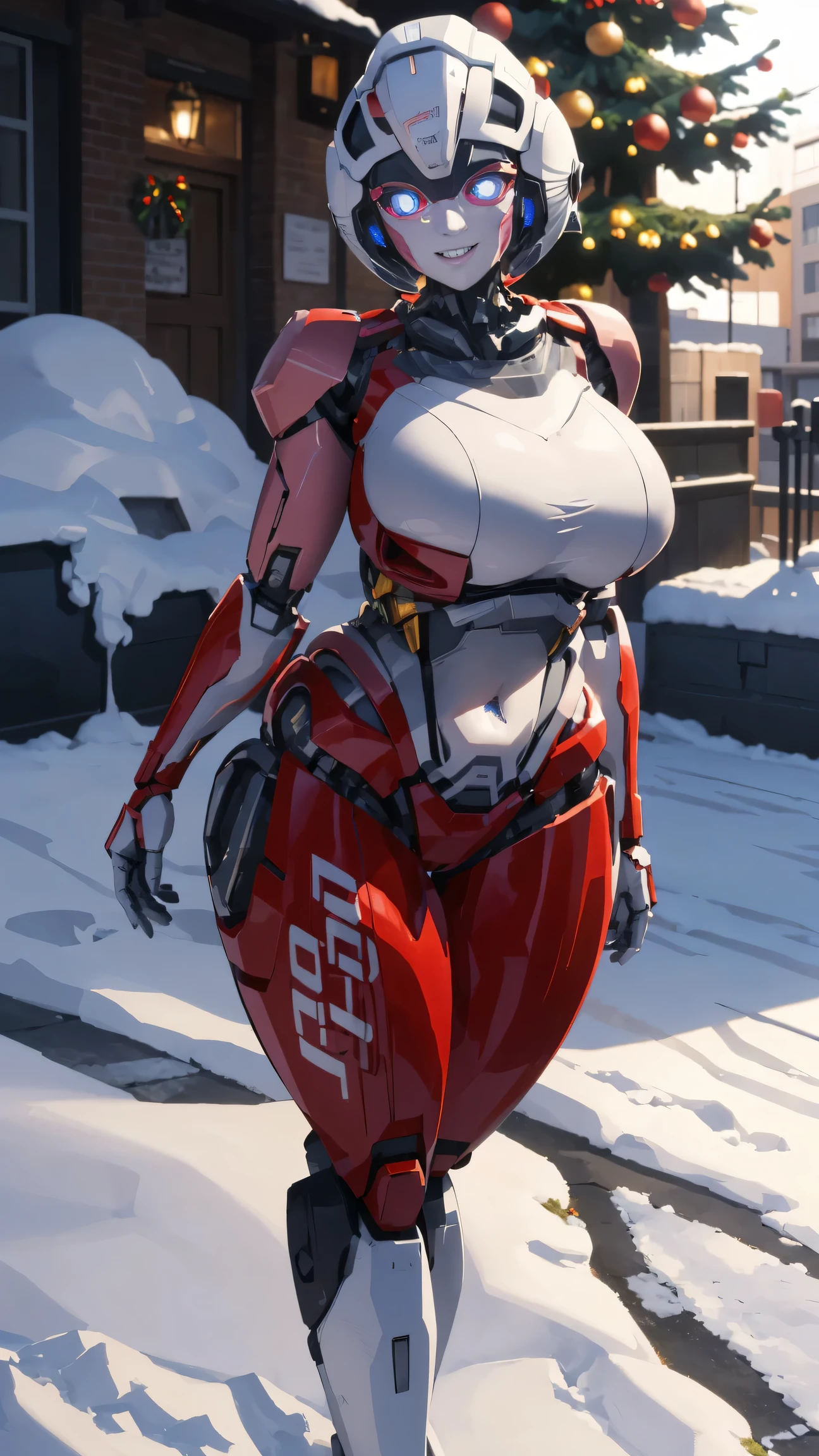 ROTB_Arcee, 1girl, big breasts, smile, robot, mecha, (glowing eyes:1.2), Christmas tree, Christmas gifts, outdoors, wide hips, navel, thick thighs, snow falling on street,