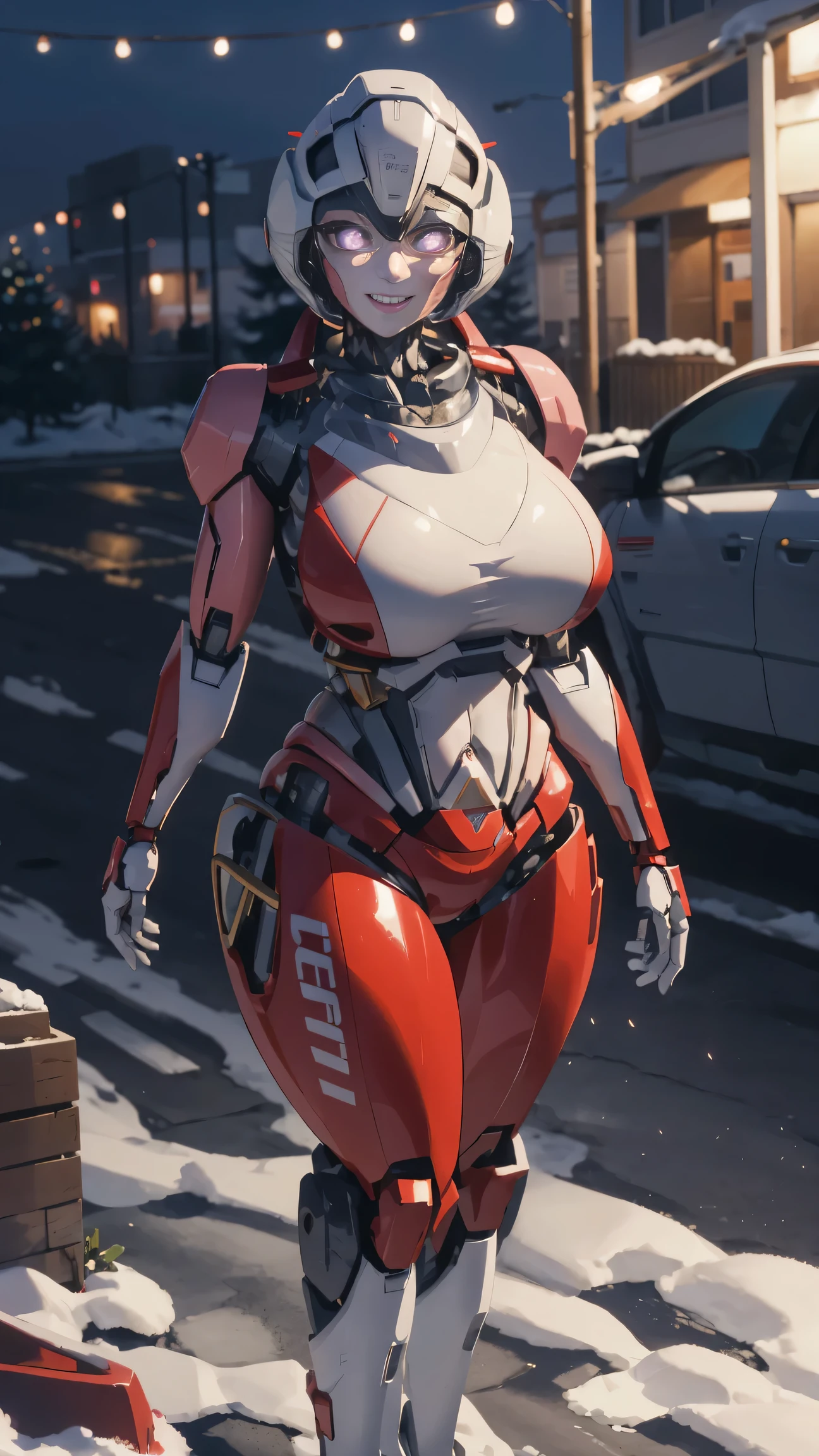 ROTB_Arcee, 1girl, big breasts, smile, robot, mecha, (glowing eyes:1.2), Christmas tree, Christmas gifts, outdoors, wide hips, navel, thick thighs, snow falling on street,